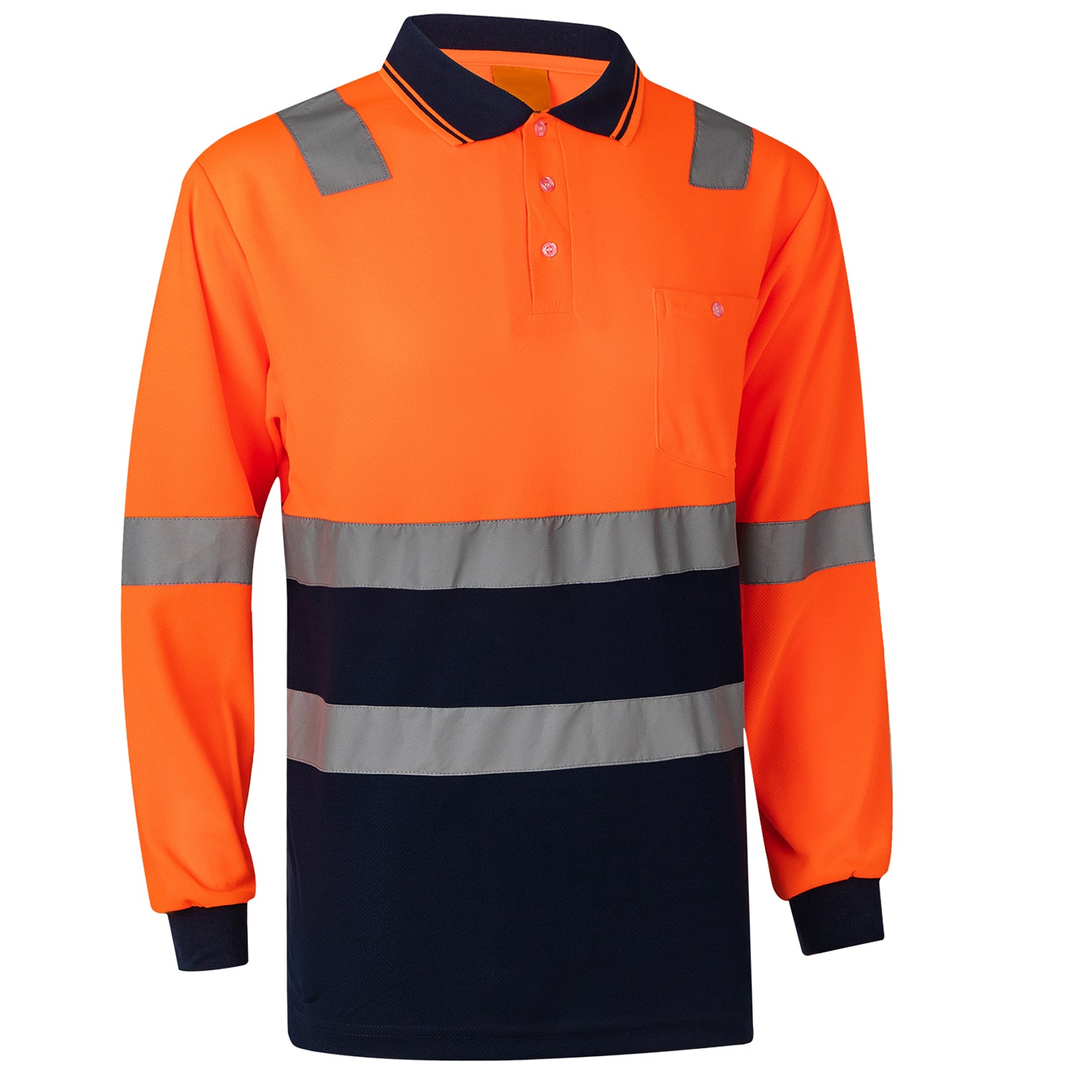 HI VIS Long Sleeve Workwear Shirt w Reflective Tape Cool Dry Safety Polo 2 Tone, Fluoro Orange / Navy, L