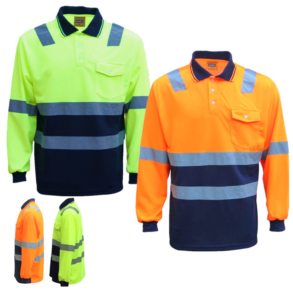 HI VIS Long Sleeve Workwear Shirt w Reflective Tape Cool Dry Safety Polo 2 Tone, Fluoro Orange / Navy, 2XL