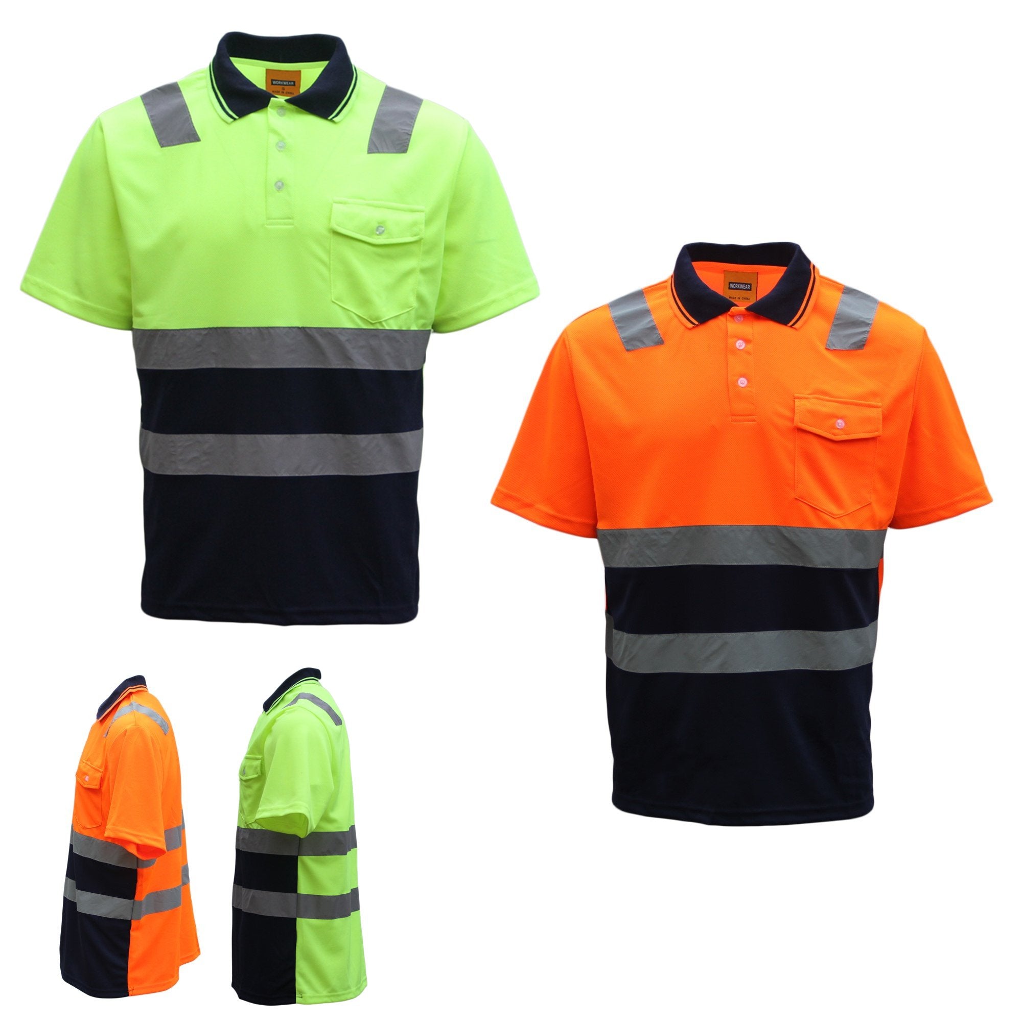 HI VIS Short Sleeve Workwear Shirt w Reflective Tape Cool Dry Safety Polo 2 Tone, Fluoro Orange / Navy, XS