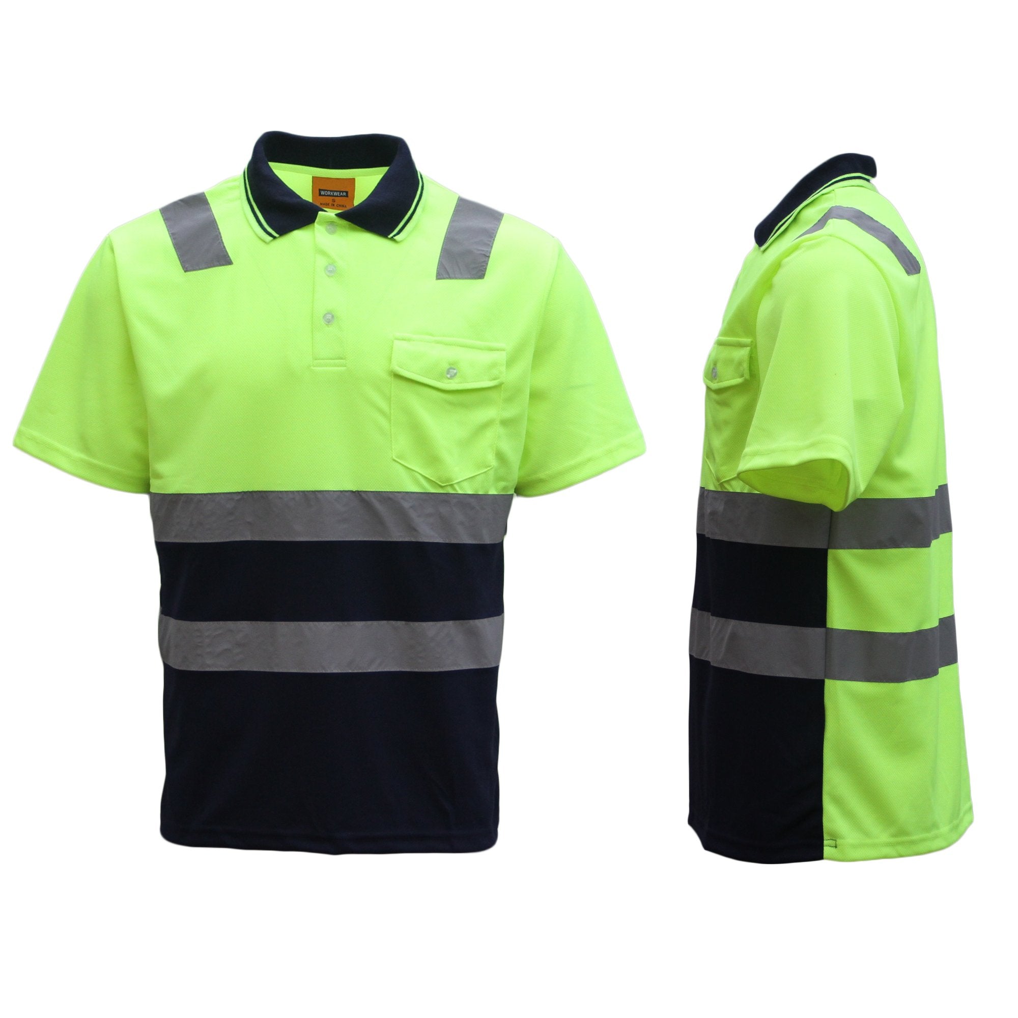 HI VIS Short Sleeve Workwear Shirt w Reflective Tape Cool Dry Safety Polo 2 Tone, Fluoro Yellow / Navy, S