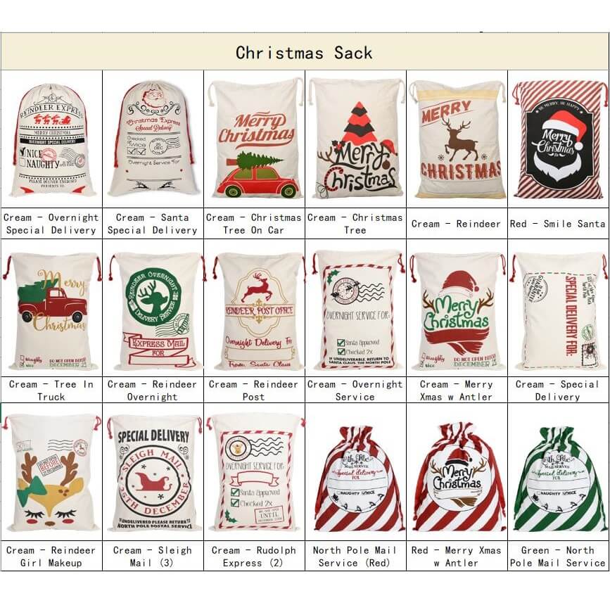 Large Christmas XMAS Hessian Santa Sack Stocking Bag Reindeer Children Gifts Bag, Cream - Sleigh Mail