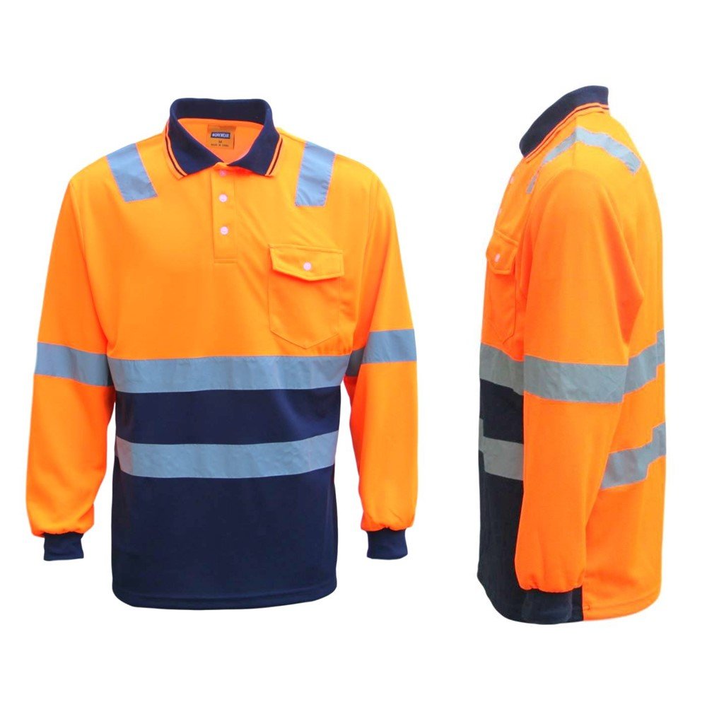 HI VIS Long Sleeve Workwear Shirt w Reflective Tape Cool Dry Safety Polo 2 Tone, Fluoro Orange / Navy, 3XL