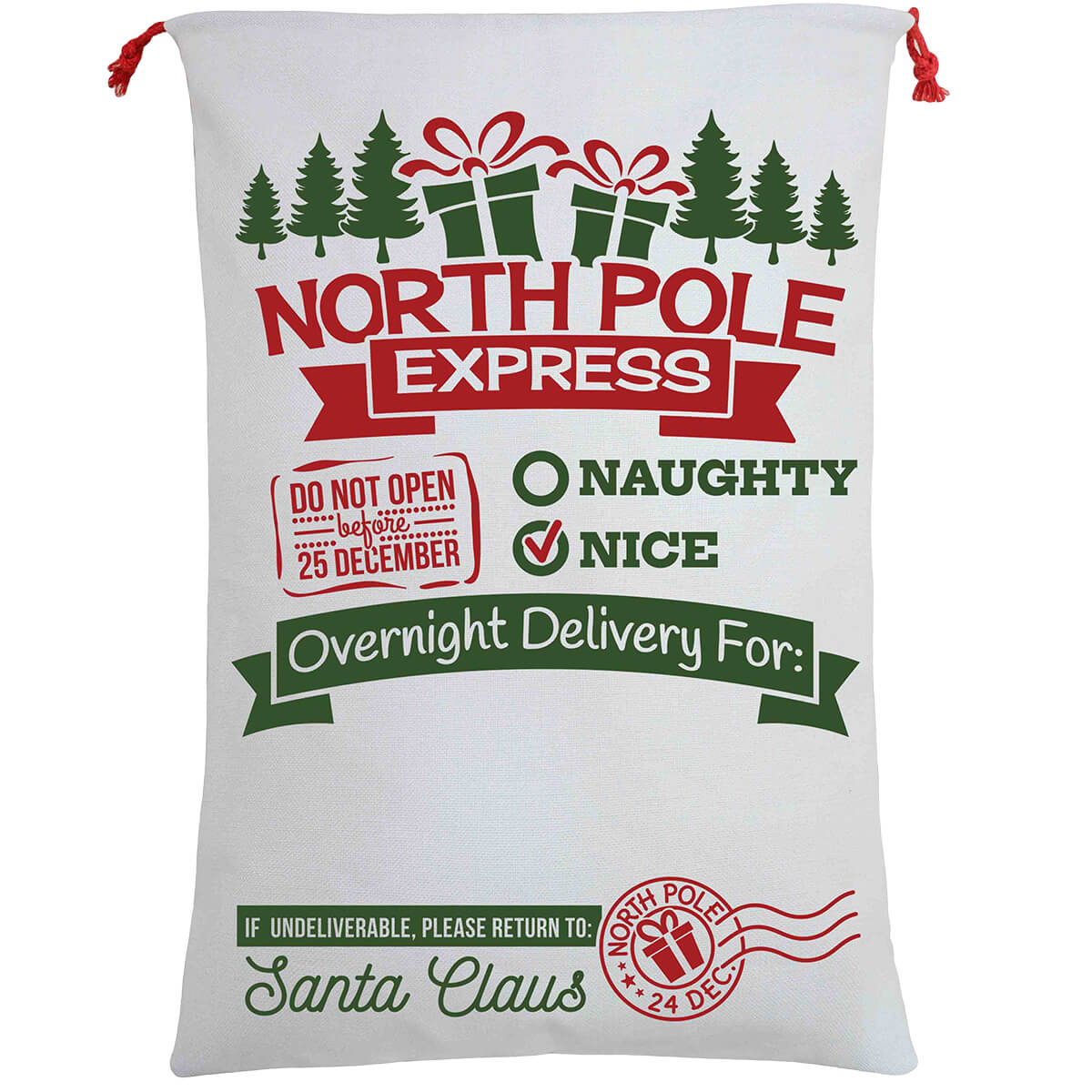 Large Christmas XMAS Hessian Santa Sack Stocking Bag Reindeer Children Gifts Bag, Cream - North Pole Express (C)