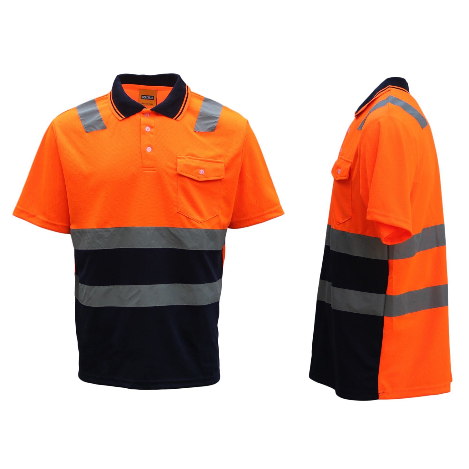 HI VIS Short Sleeve Workwear Shirt w Reflective Tape Cool Dry Safety Polo 2 Tone, Fluoro Orange / Navy, 4XL