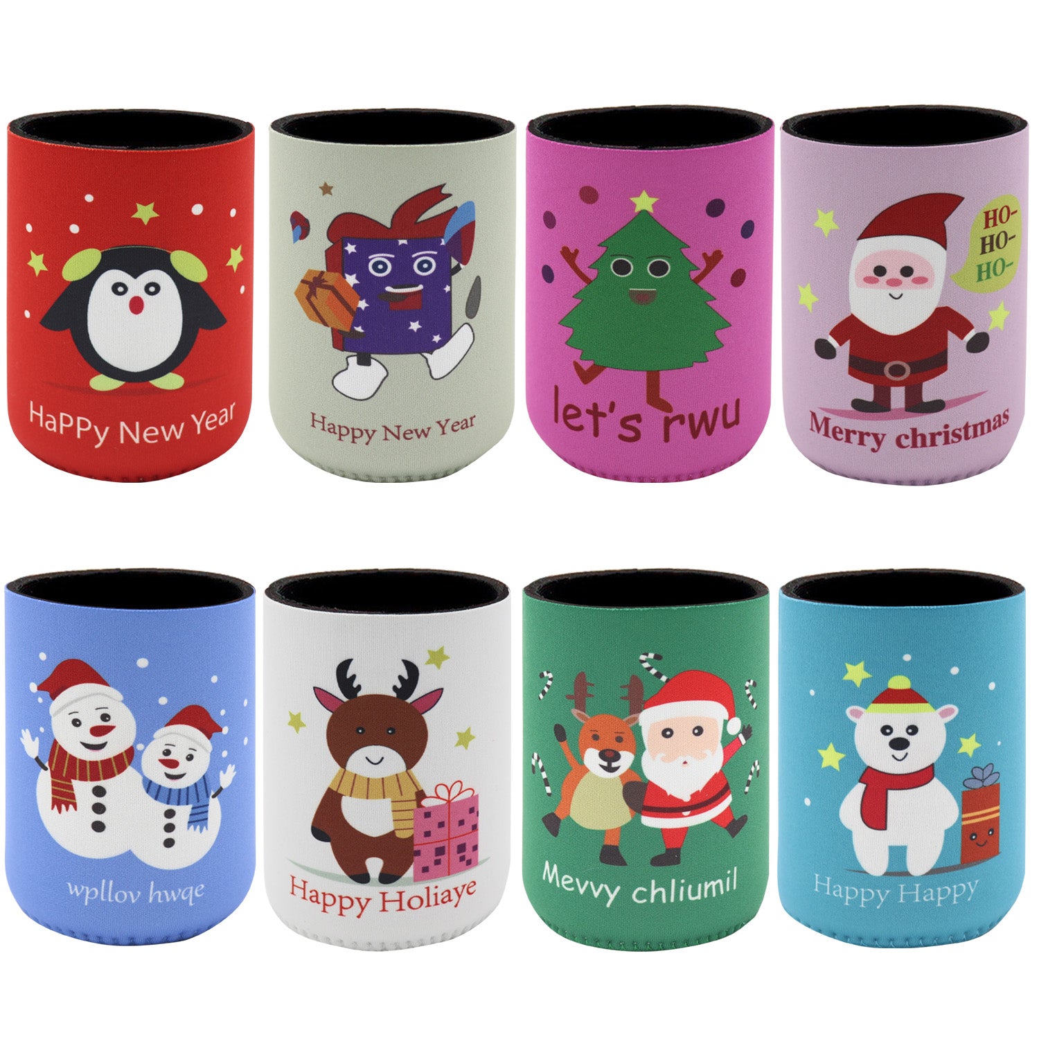 8x Christmas Stubby Stubbie Holders Beer Bottle Drink Can Cooler Santa Reindeer, H (Set of 8)