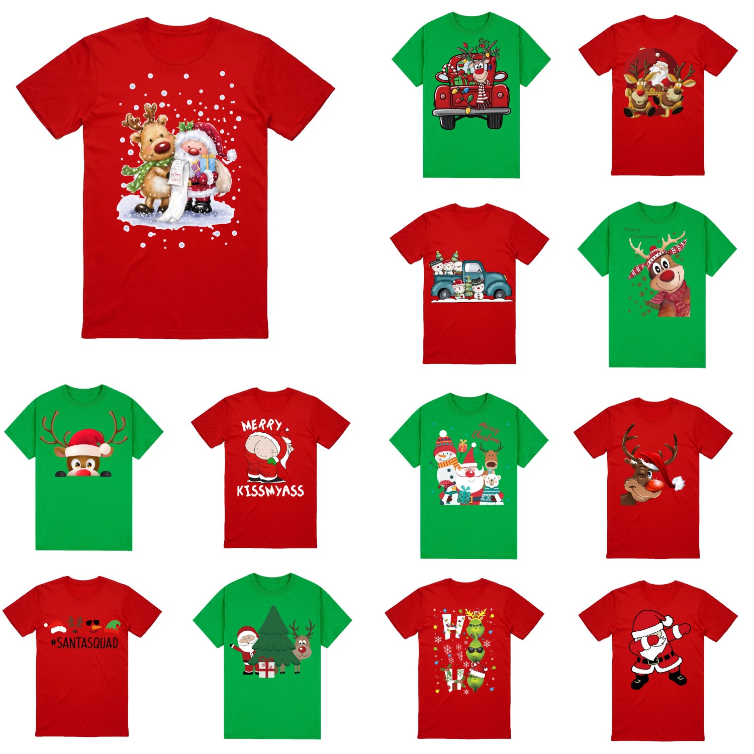 100% Cotton Christmas T-shirt Adult Unisex Tee Tops Funny Santa Party Custume, Car with Reindeer (Green), M