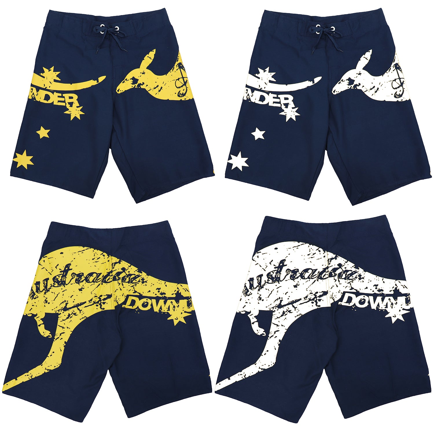 Men's Adult Board Shorts Australia Day Kangaroo Down Under Souvenir Beach Wear, Navy/White, L