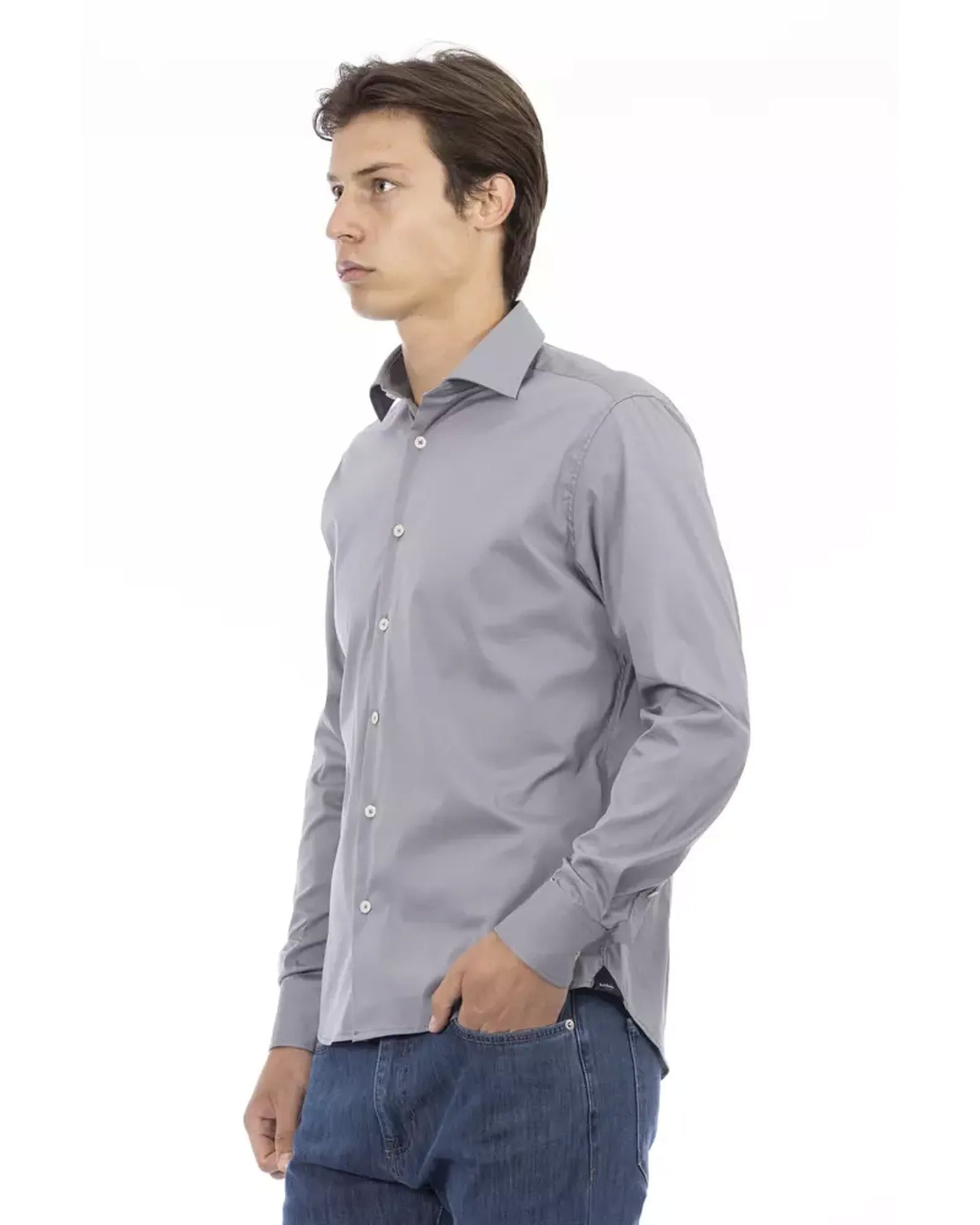 Slim Fit Button Front Shirt with Italian Collar and Logo Insert 39 IT Men