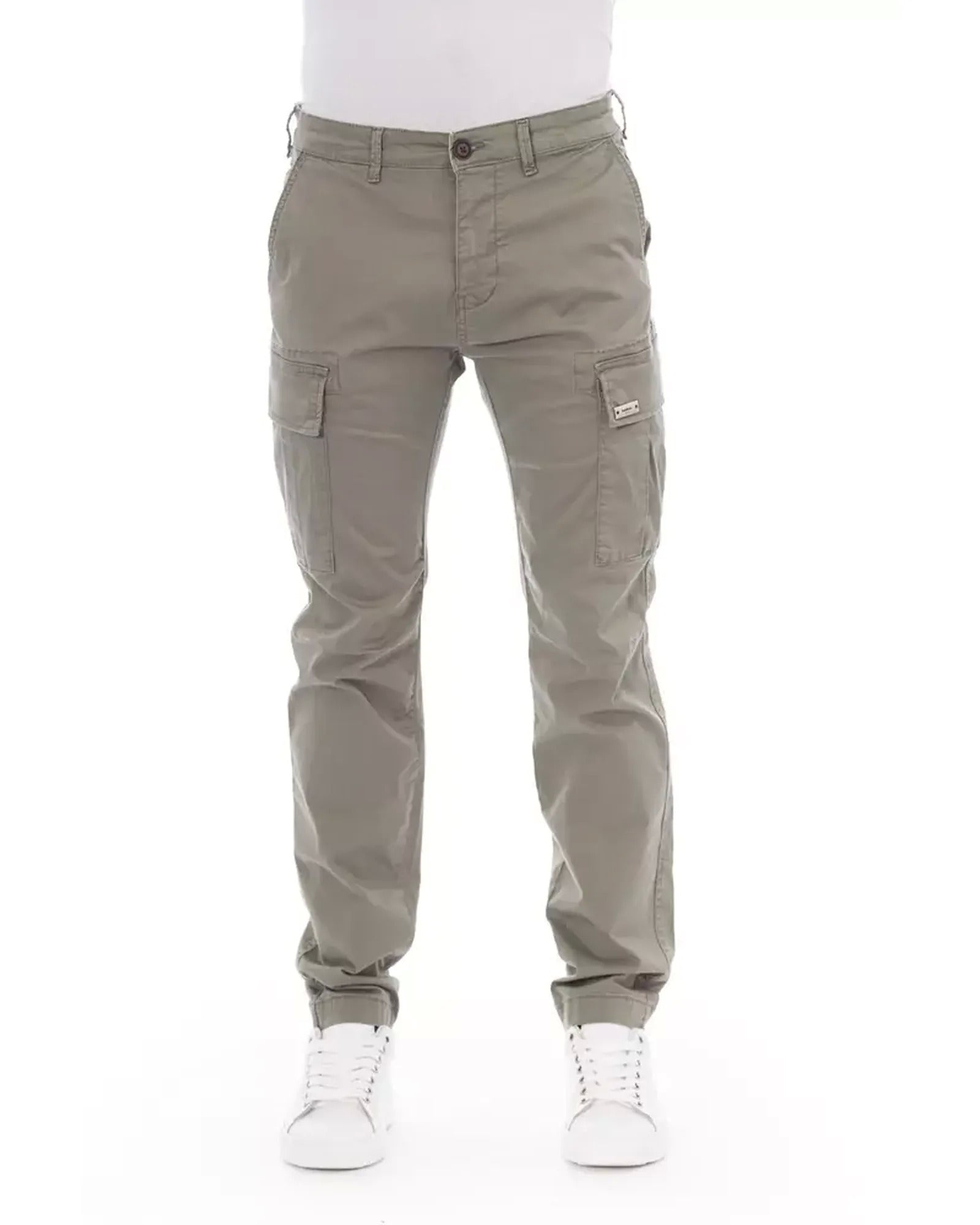 Solid Color Cargo Trousers with Front Zipper and Button Closure W34 US Men