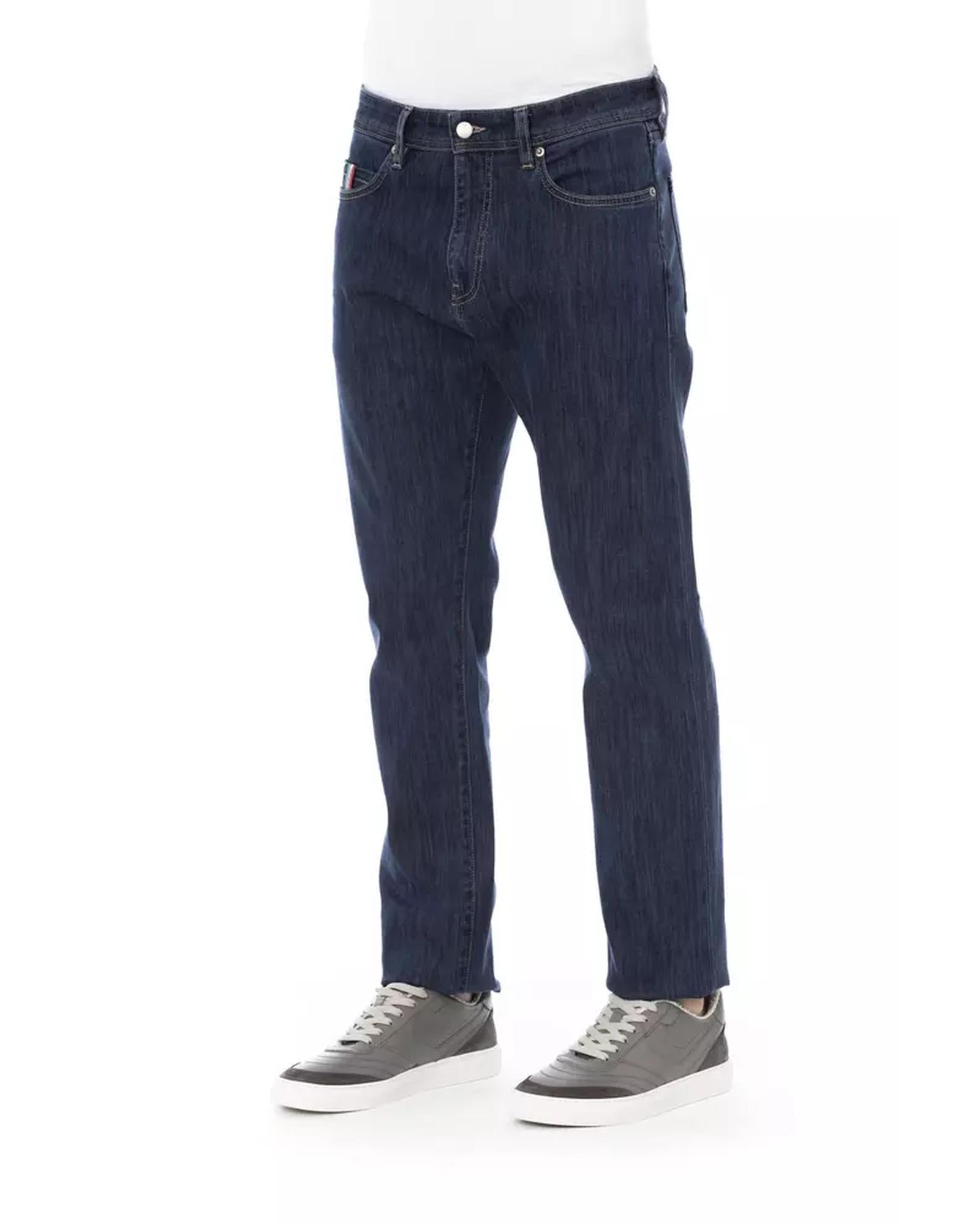 Logo Button Regular Man Jeans with Tricolor Insert and Contrast Stitching W40 US Men