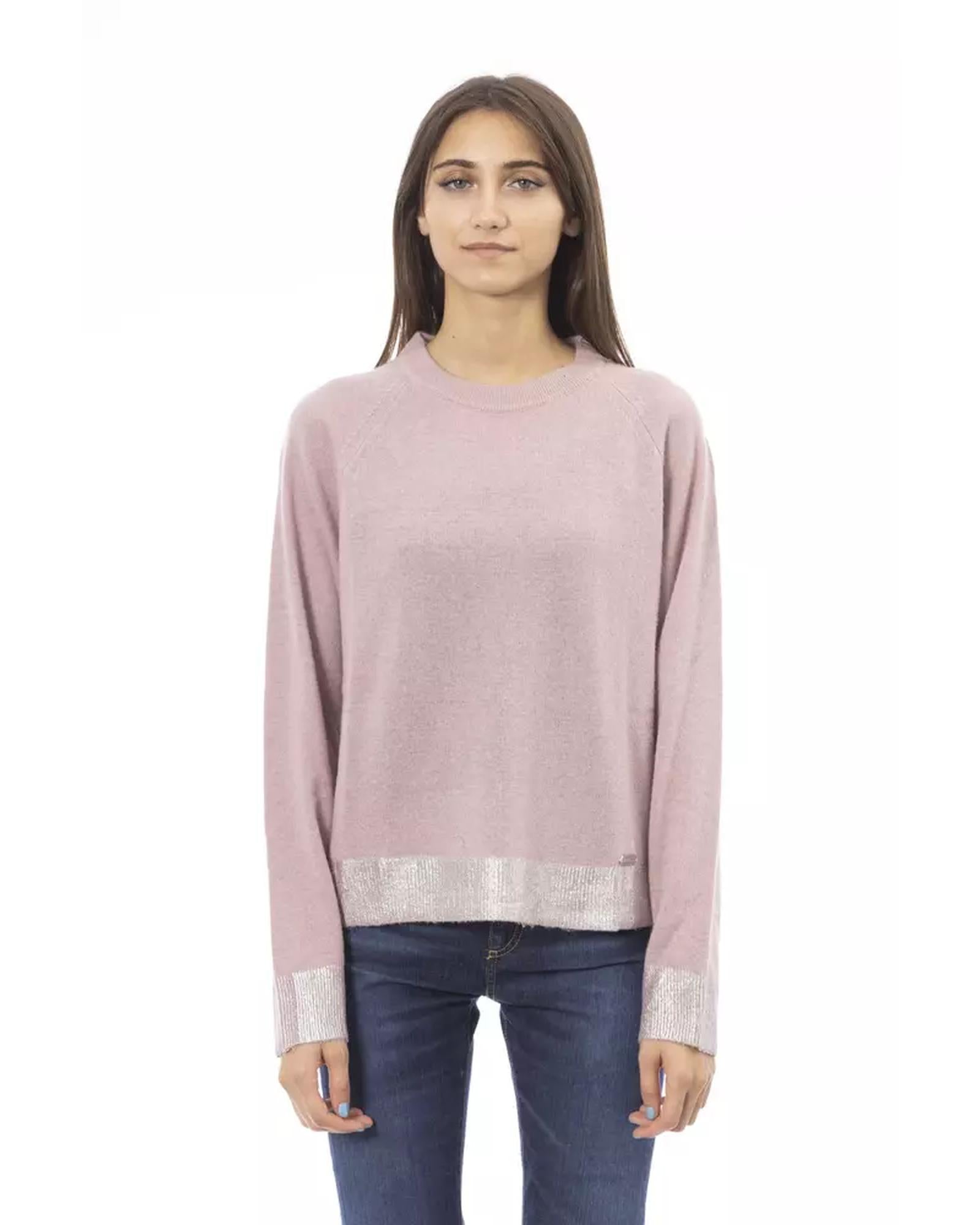 Ribbed Crew Neck Sweater with Long Sleeves and Metal Monogram Detail L Women