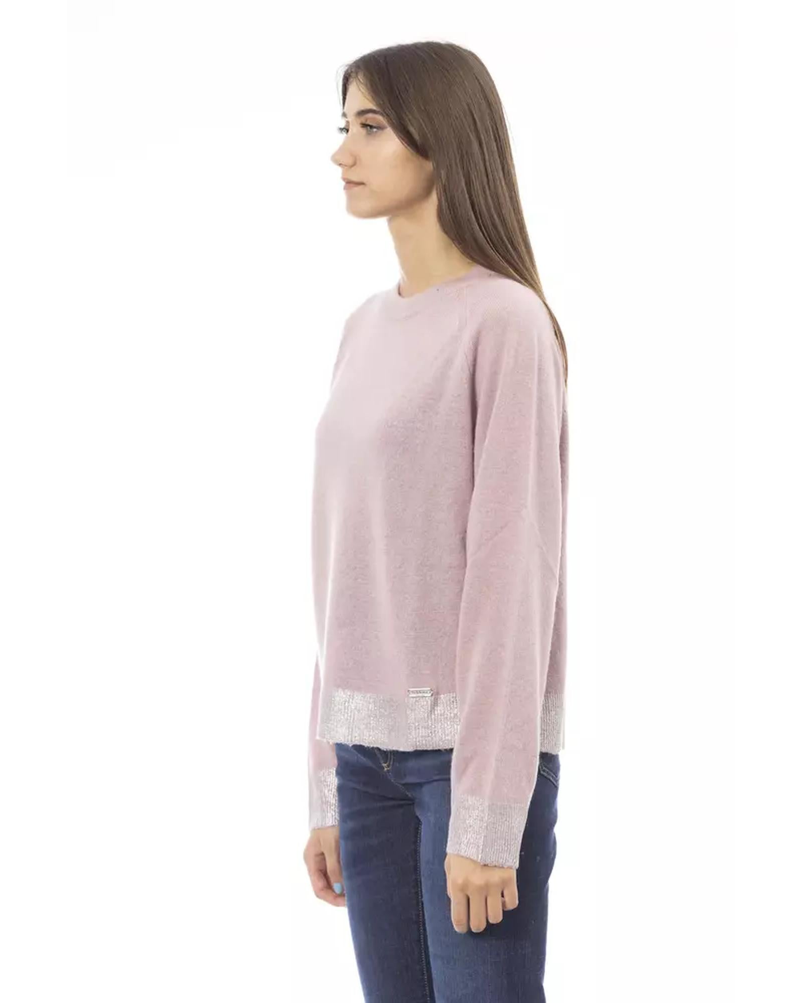 Ribbed Crew Neck Sweater with Long Sleeves and Metal Monogram Detail L Women