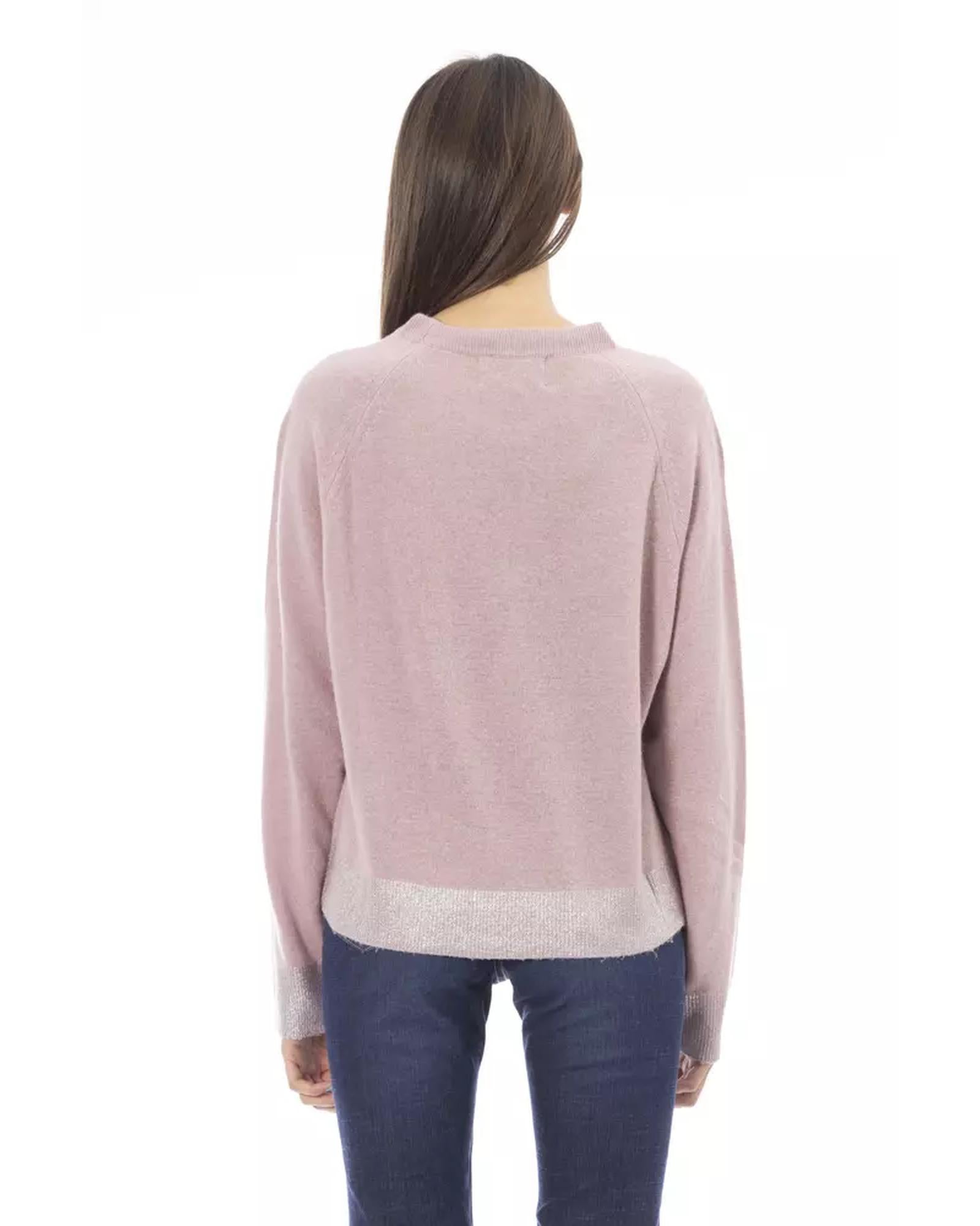 Ribbed Crew Neck Sweater with Long Sleeves and Metal Monogram Detail L Women