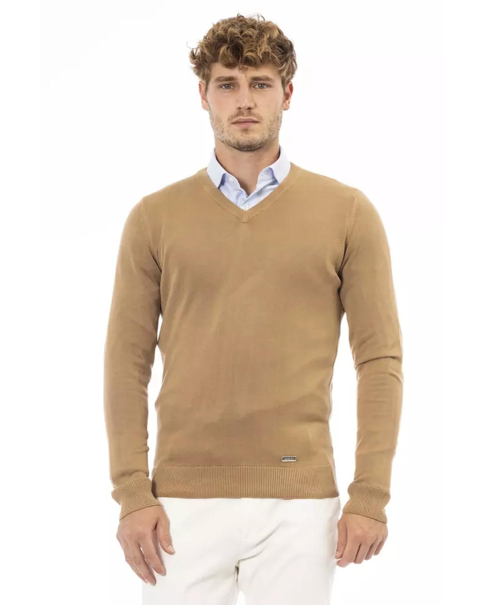 Fine Ribbed Knit V-neck Sweater with Long Sleeves 48 IT Men