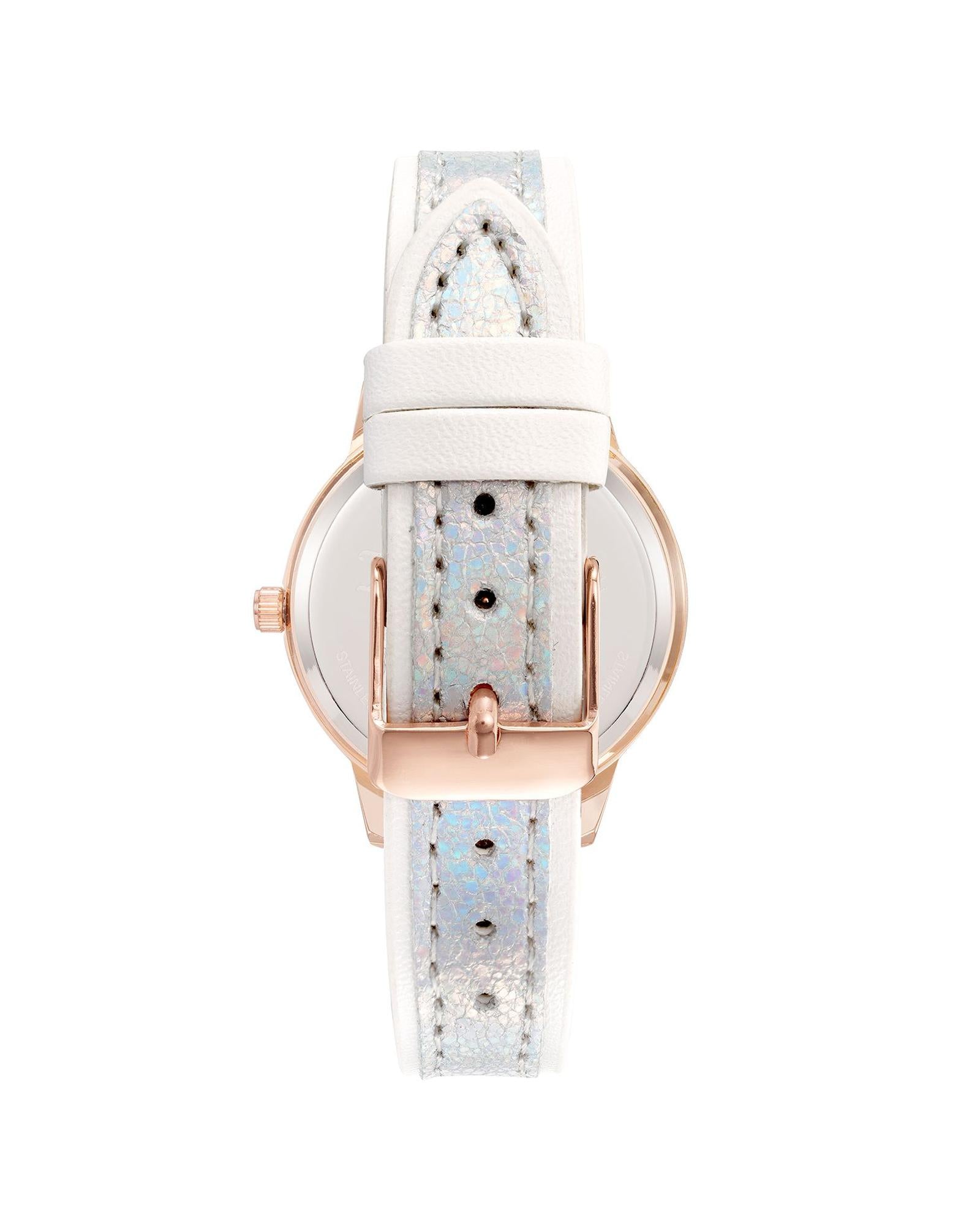 Rose Gold Analog Womens Fashion Watch with Rhinestone Detail and White Leatherette Strap One Size Women