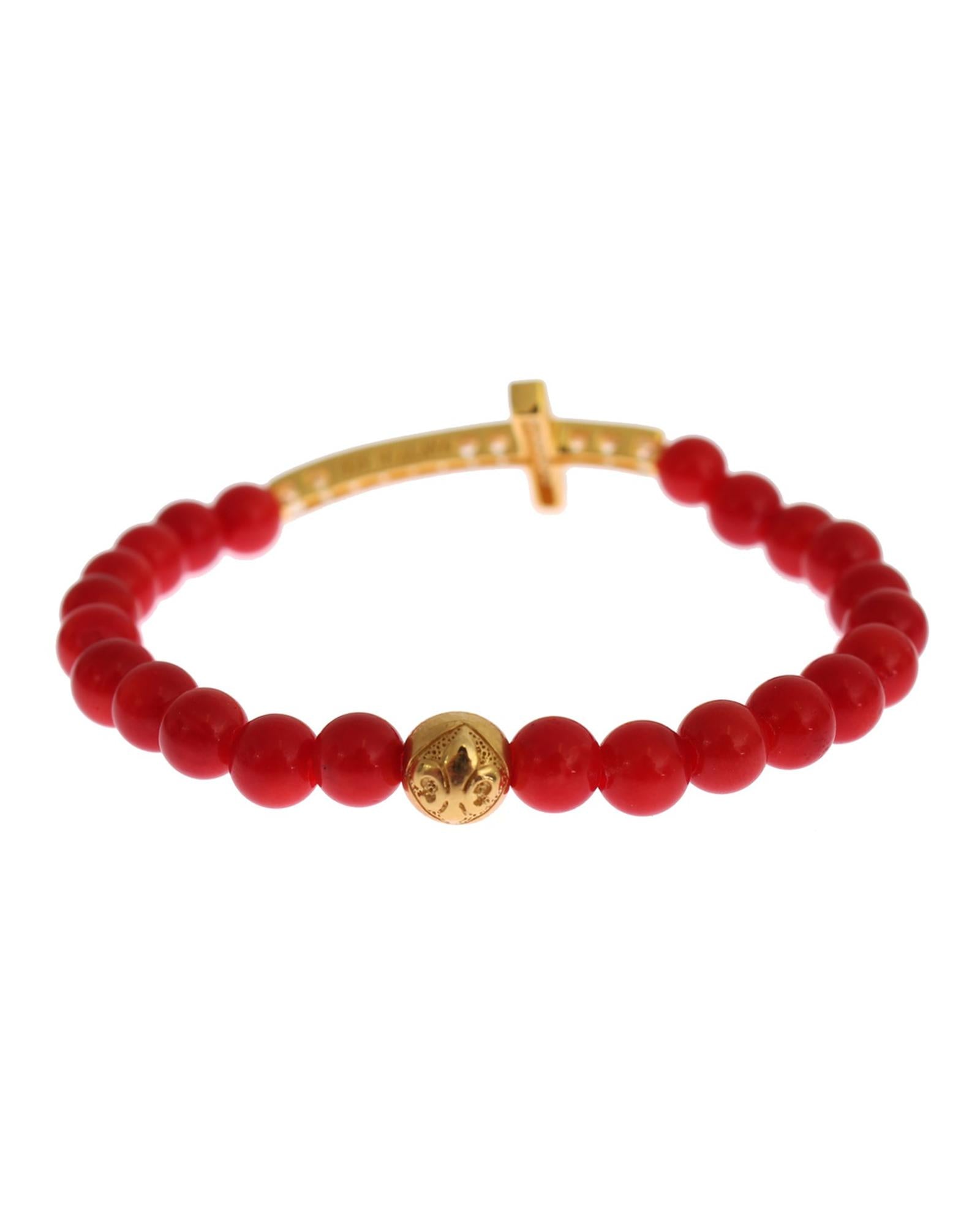 Authentic NIALAYA Gold Plated Silver Bracelet with Red Coral Beads and CZ Diamond Cross M Women