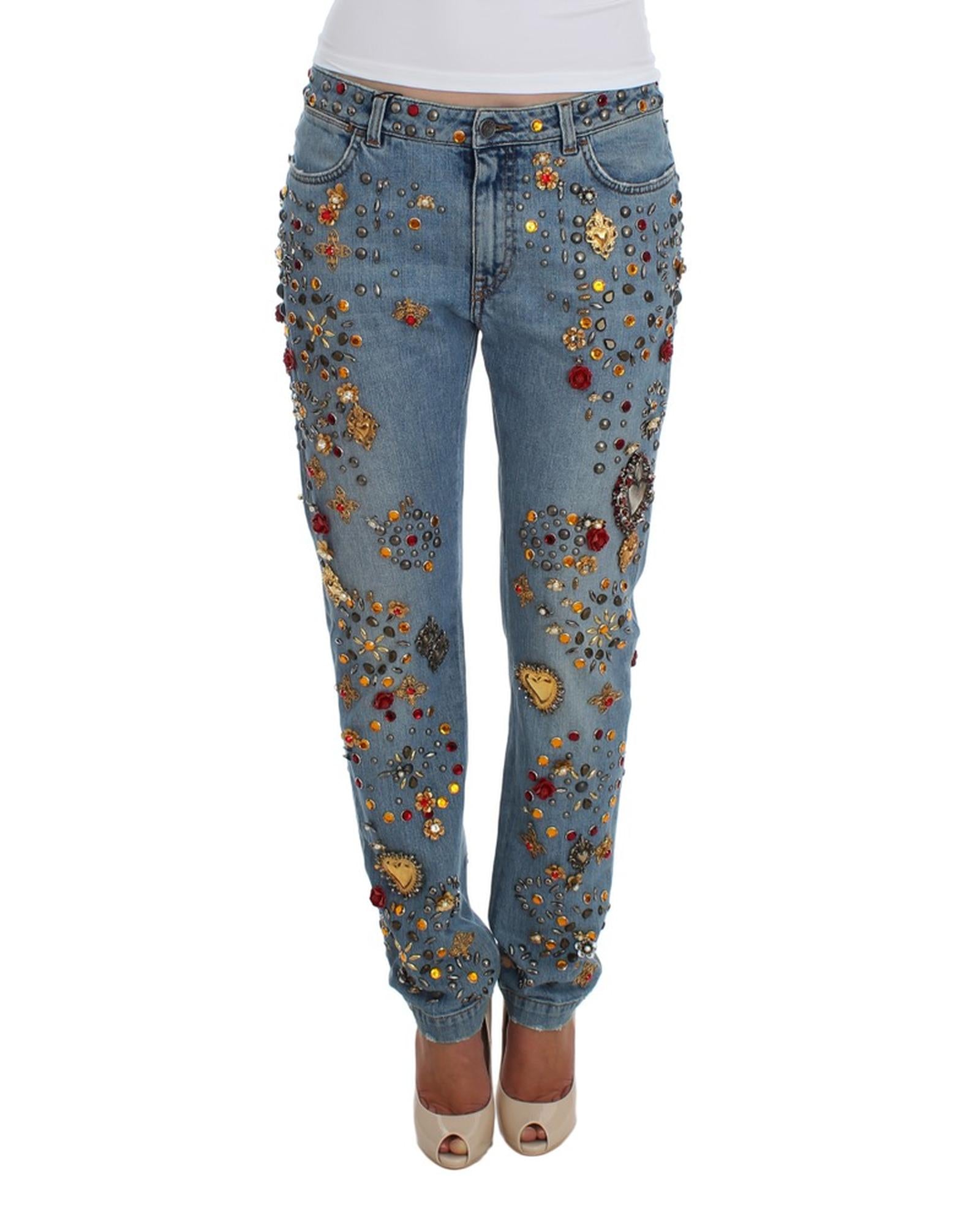 Blue Wash Crystal Heart Roses Embellished Enchanted Sicily Boyfriend Fit Jeans 38 IT Women