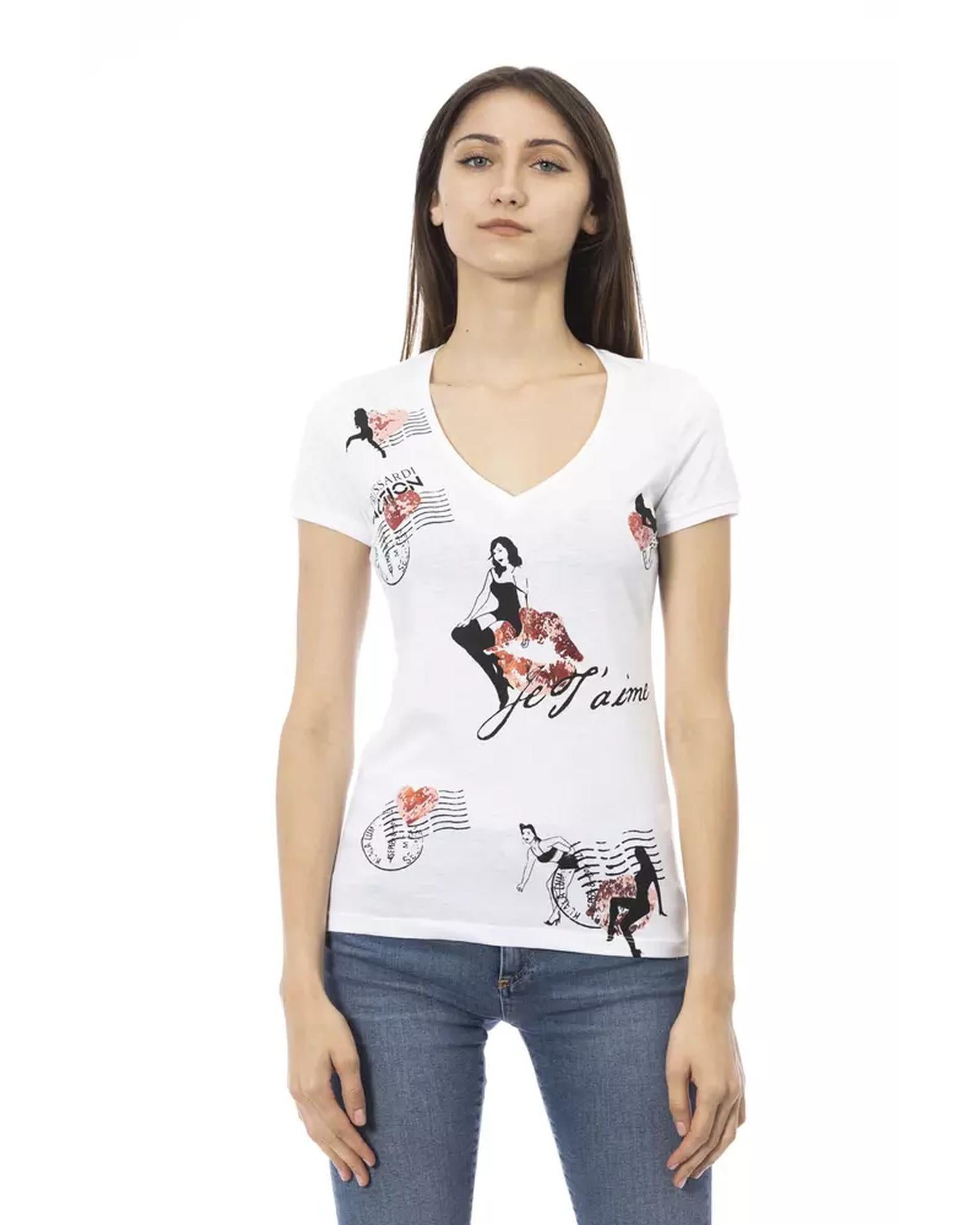 Short Sleeve V-Neck T-shirt with Front Print L Women