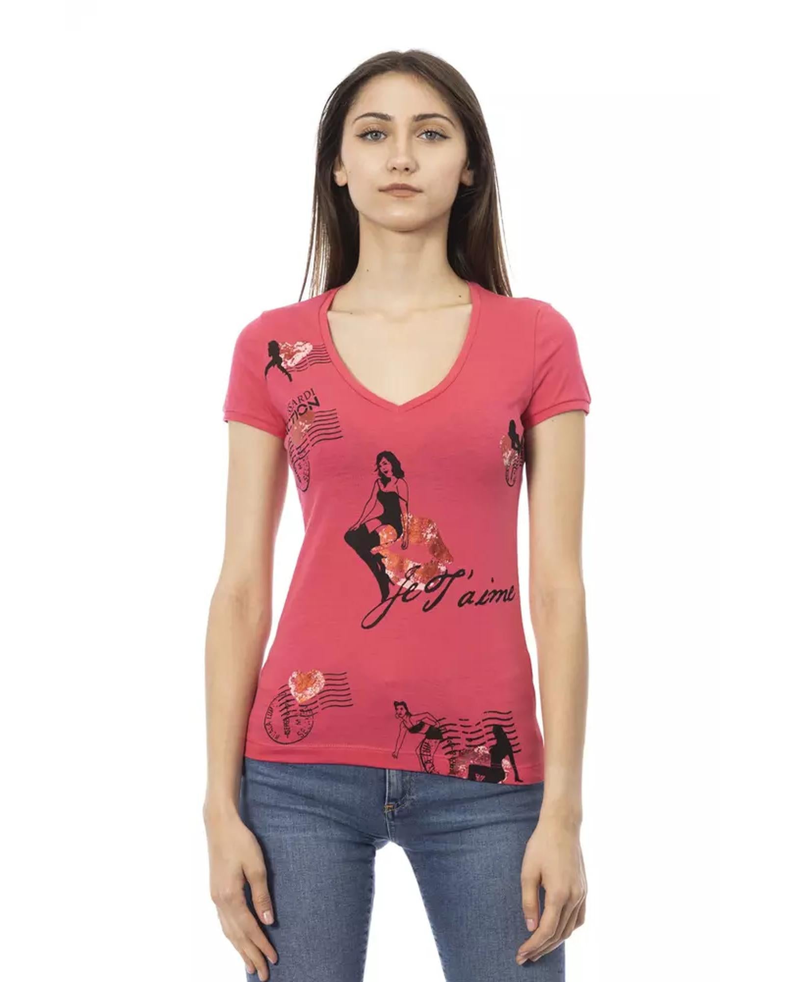 Short Sleeve T-shirt with V-neck and Front Print M Women