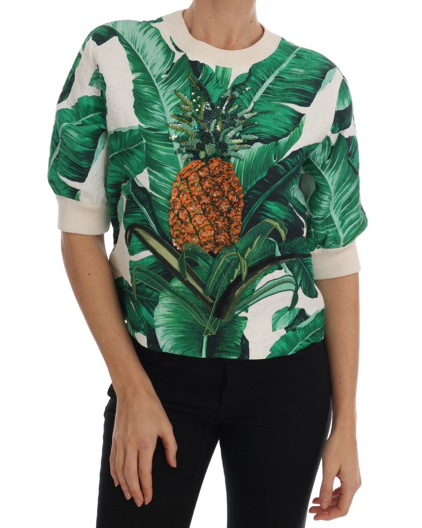 DOLCE &amp; GABBANA Enchanted Sicily Short Sleeve Sweater with Sequined Pineapple Embroidery 40 IT Women