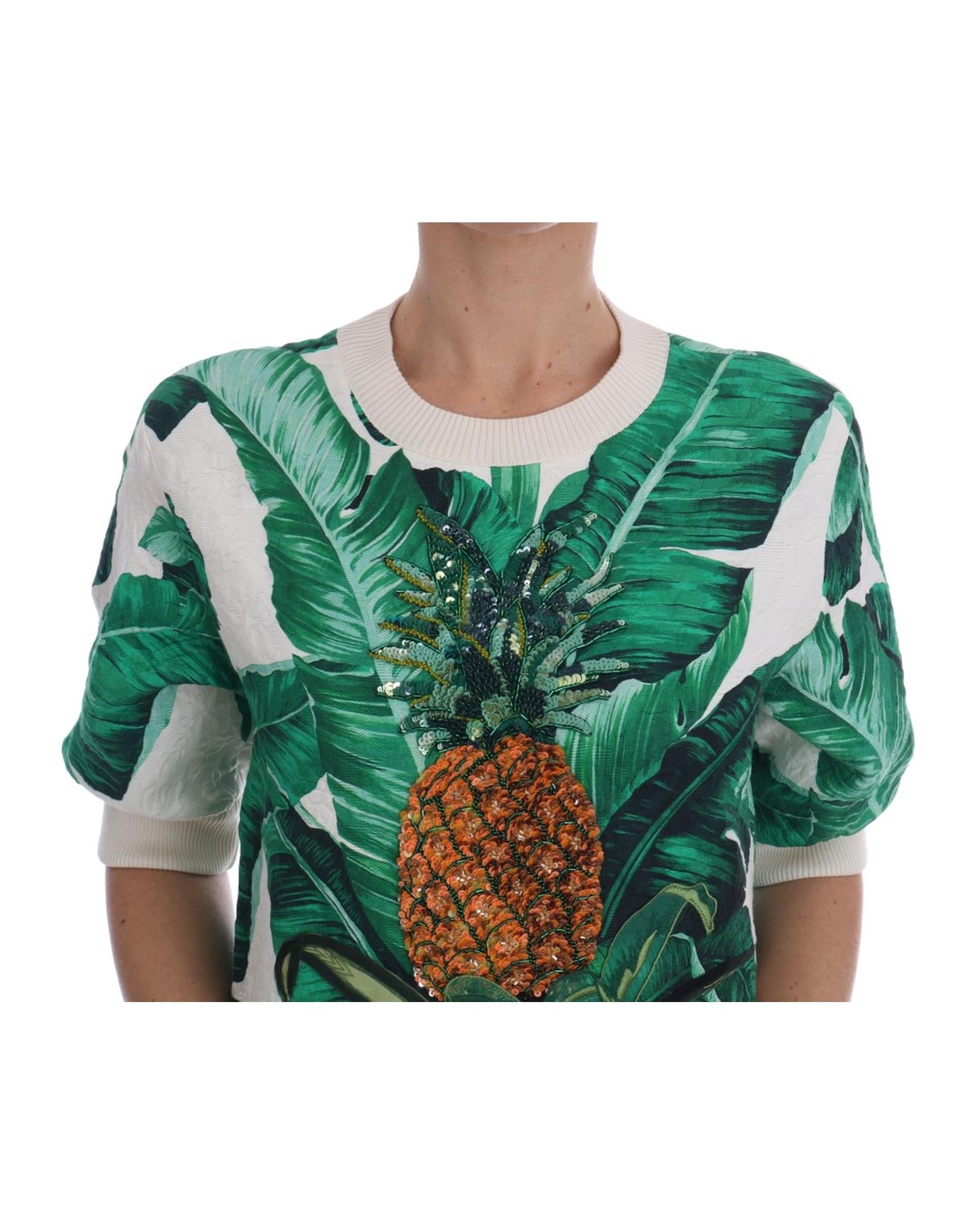 DOLCE &amp; GABBANA Enchanted Sicily Short Sleeve Sweater with Sequined Pineapple Embroidery 40 IT Women