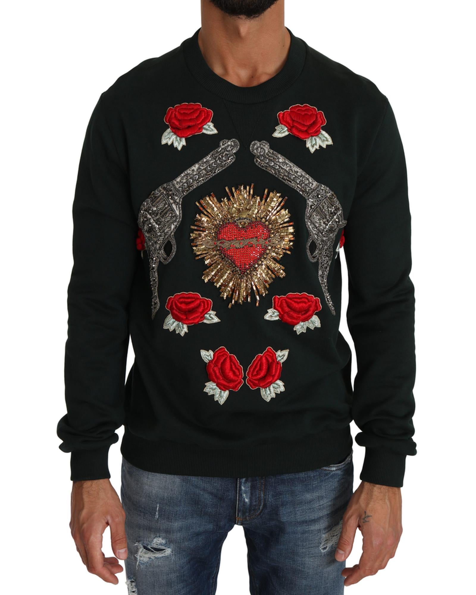 Dolce &amp; Gabbana Green Cotton Crystal Heart Roses Embroidered Pullover Sweater 50 IT Men