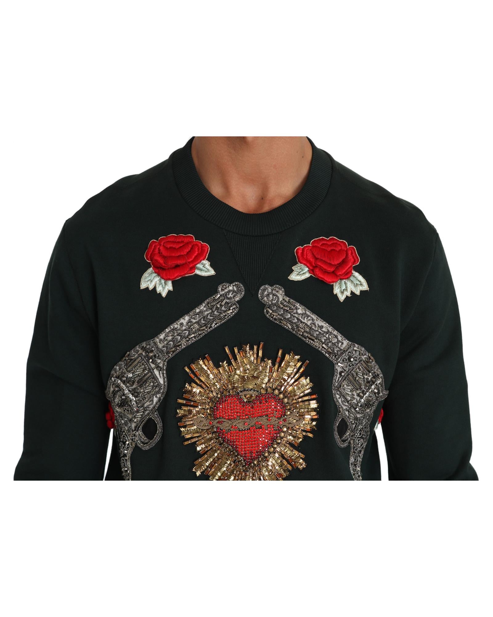 Dolce &amp; Gabbana Green Cotton Crystal Heart Roses Embroidered Pullover Sweater 50 IT Men