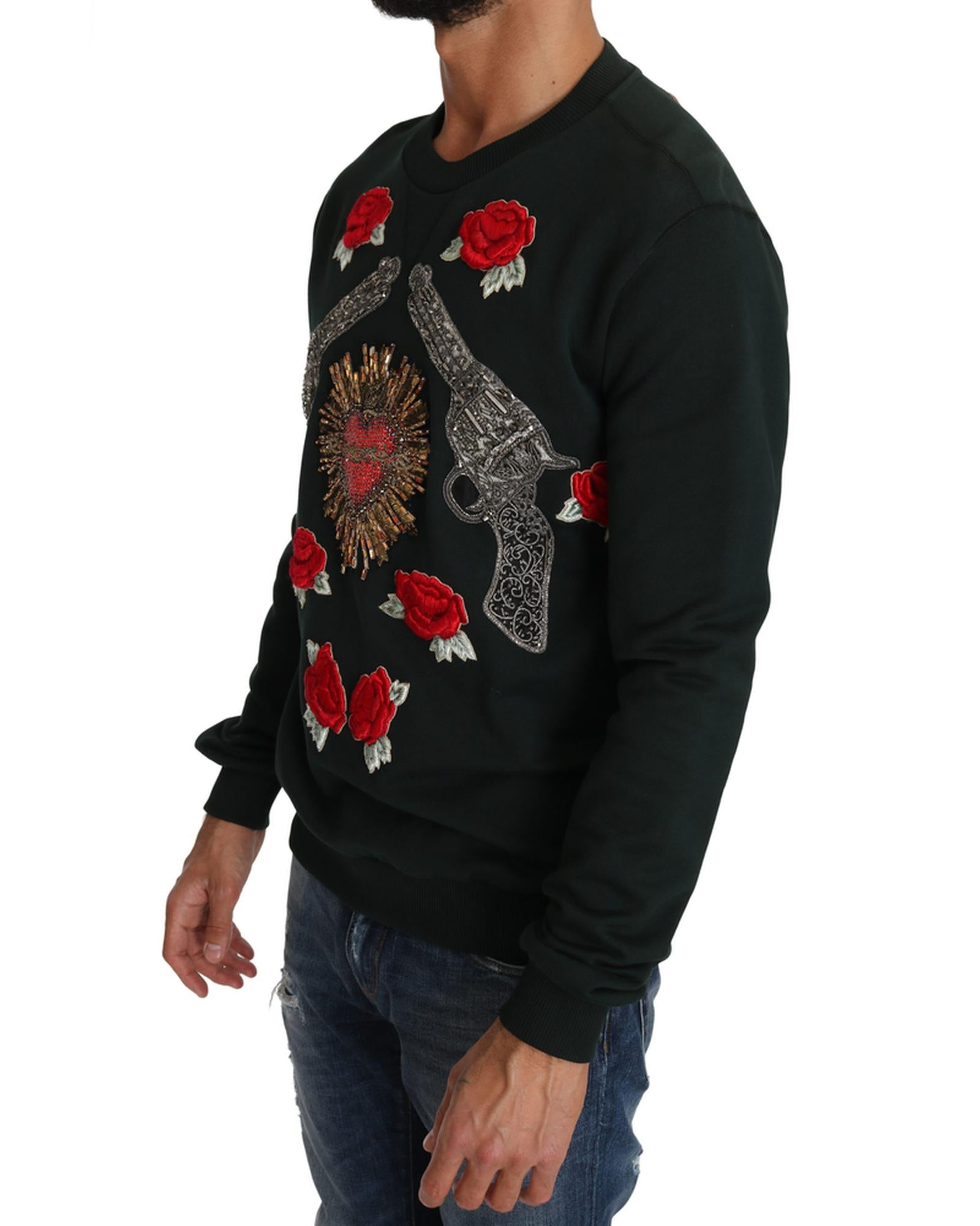 Dolce &amp; Gabbana Green Cotton Crystal Heart Roses Embroidered Pullover Sweater 50 IT Men