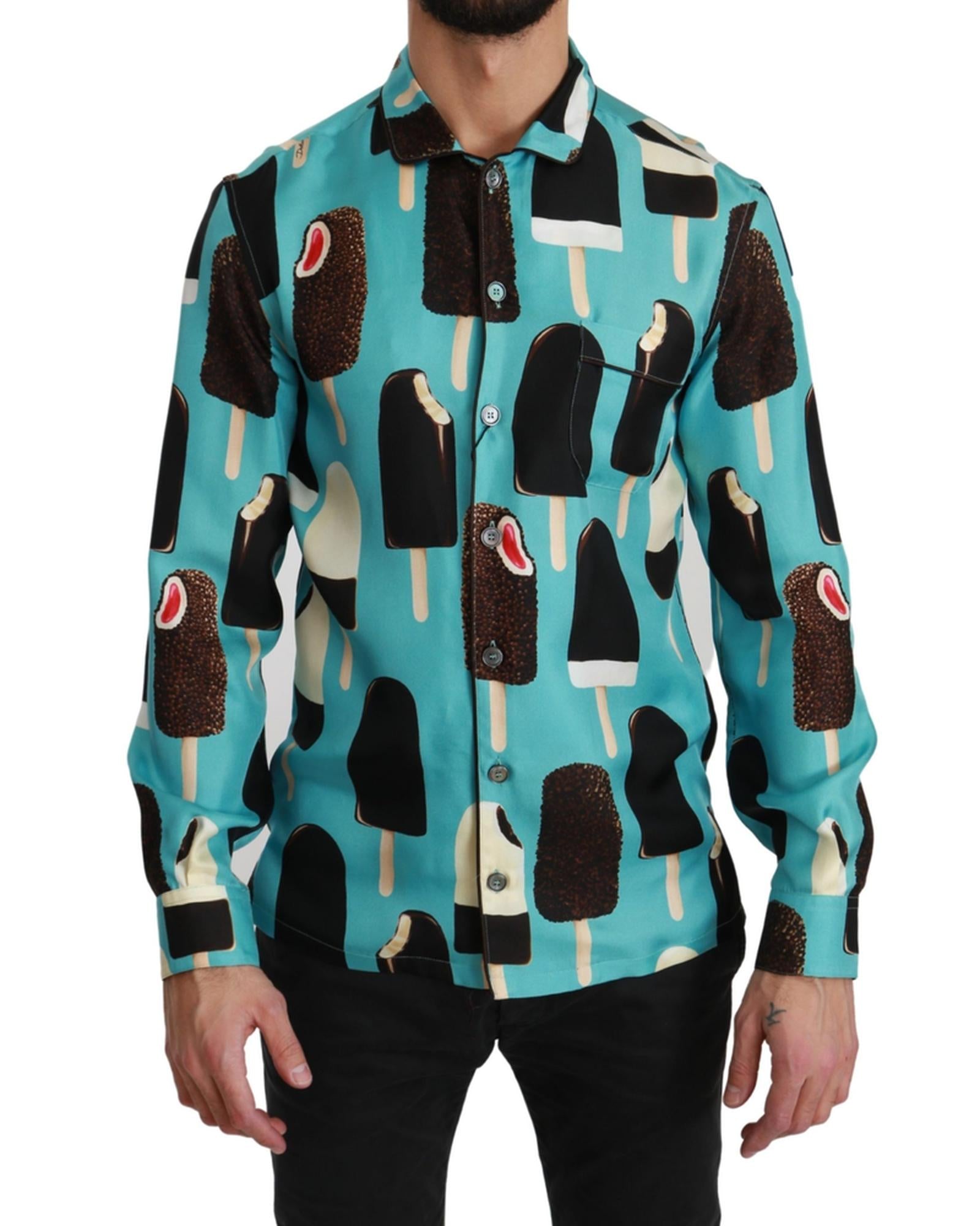 Exclusive Dolce &amp; Gabbana Silk Shirt with Ice Cream Print 37 IT Men