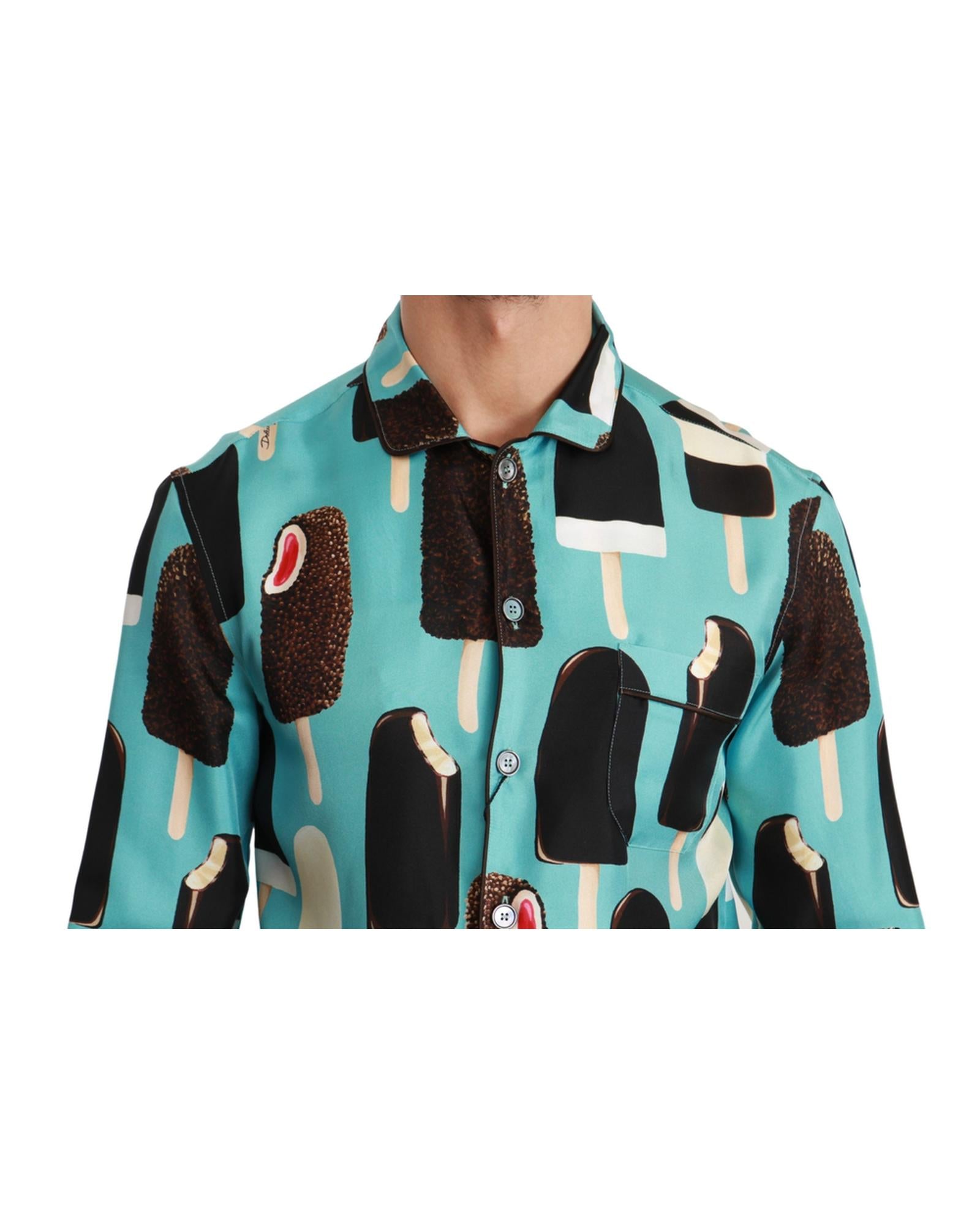 Exclusive Dolce &amp; Gabbana Silk Shirt with Ice Cream Print 37 IT Men