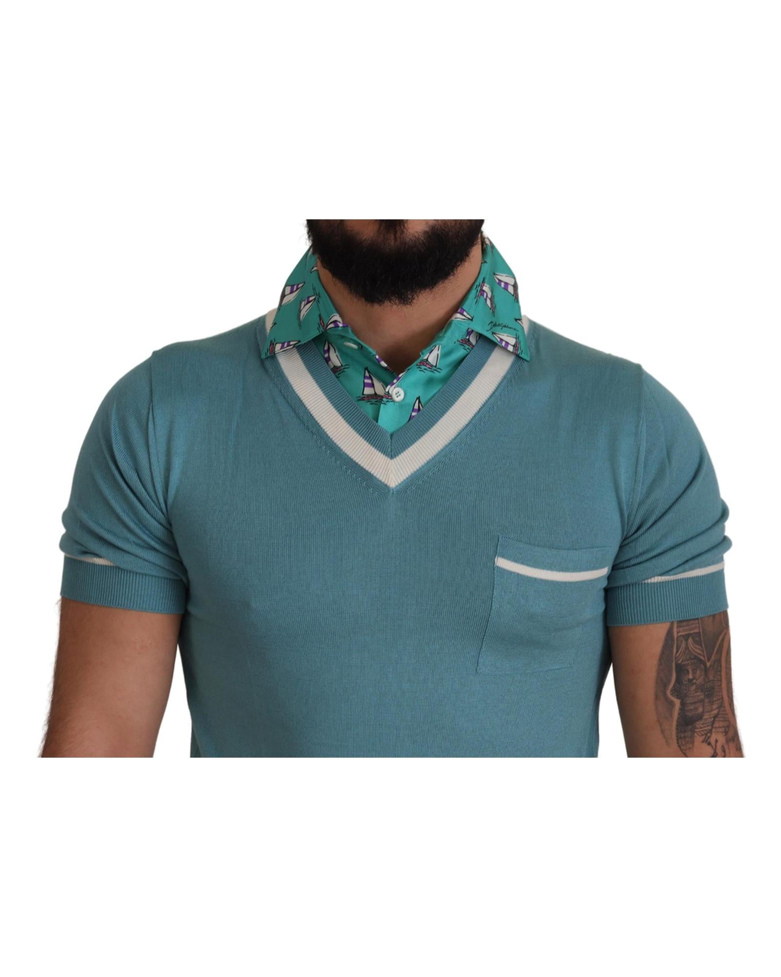 Dolce &amp; Gabbana Silk Polo T-shirt with Sailor Boat Collar Print 46 IT Men