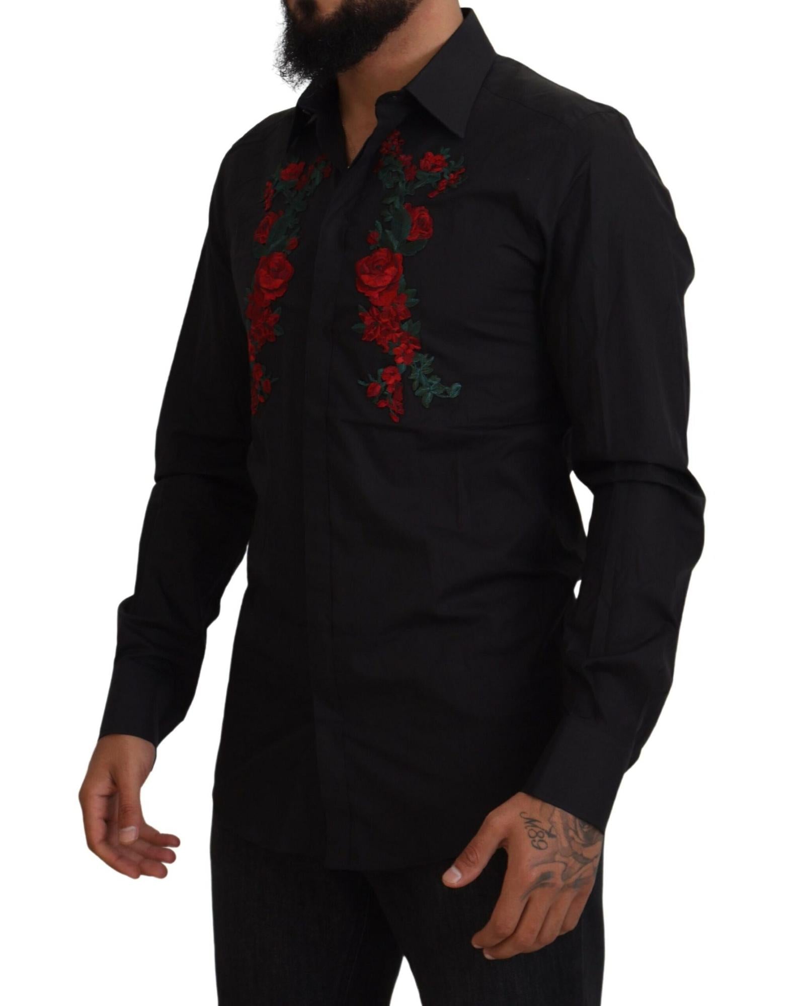 GOLD Long Sleeve Shirt with Floral Embroidery by Dolce &amp; Gabbana 38 IT Men