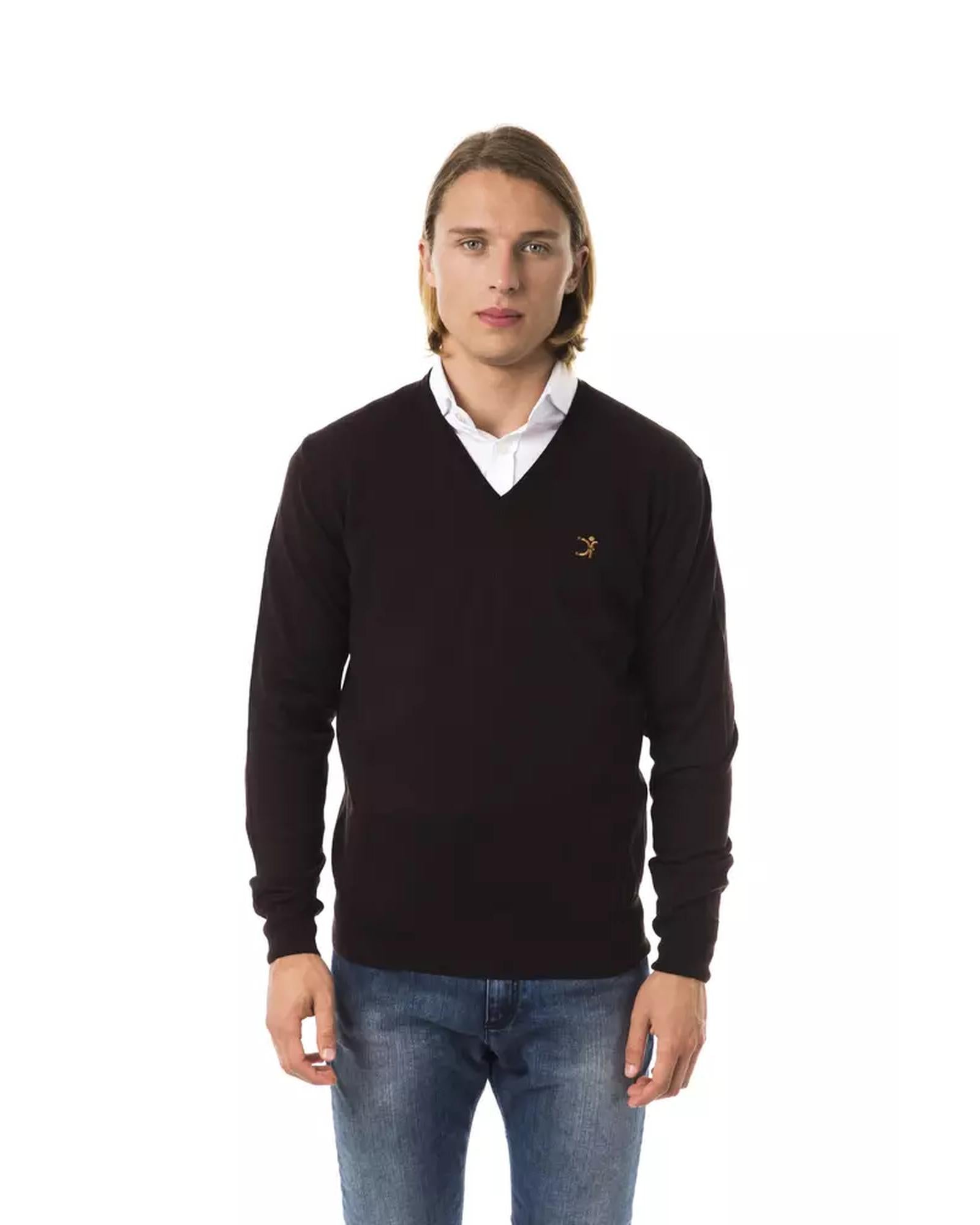 Embroidered V-neck Sweater in Extrafine Wool Merinos L Men