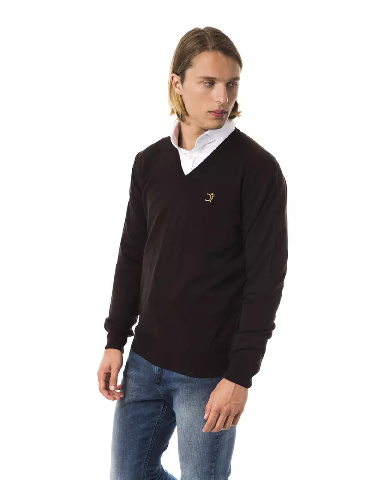 Embroidered V-neck Sweater in Extrafine Wool Merinos L Men