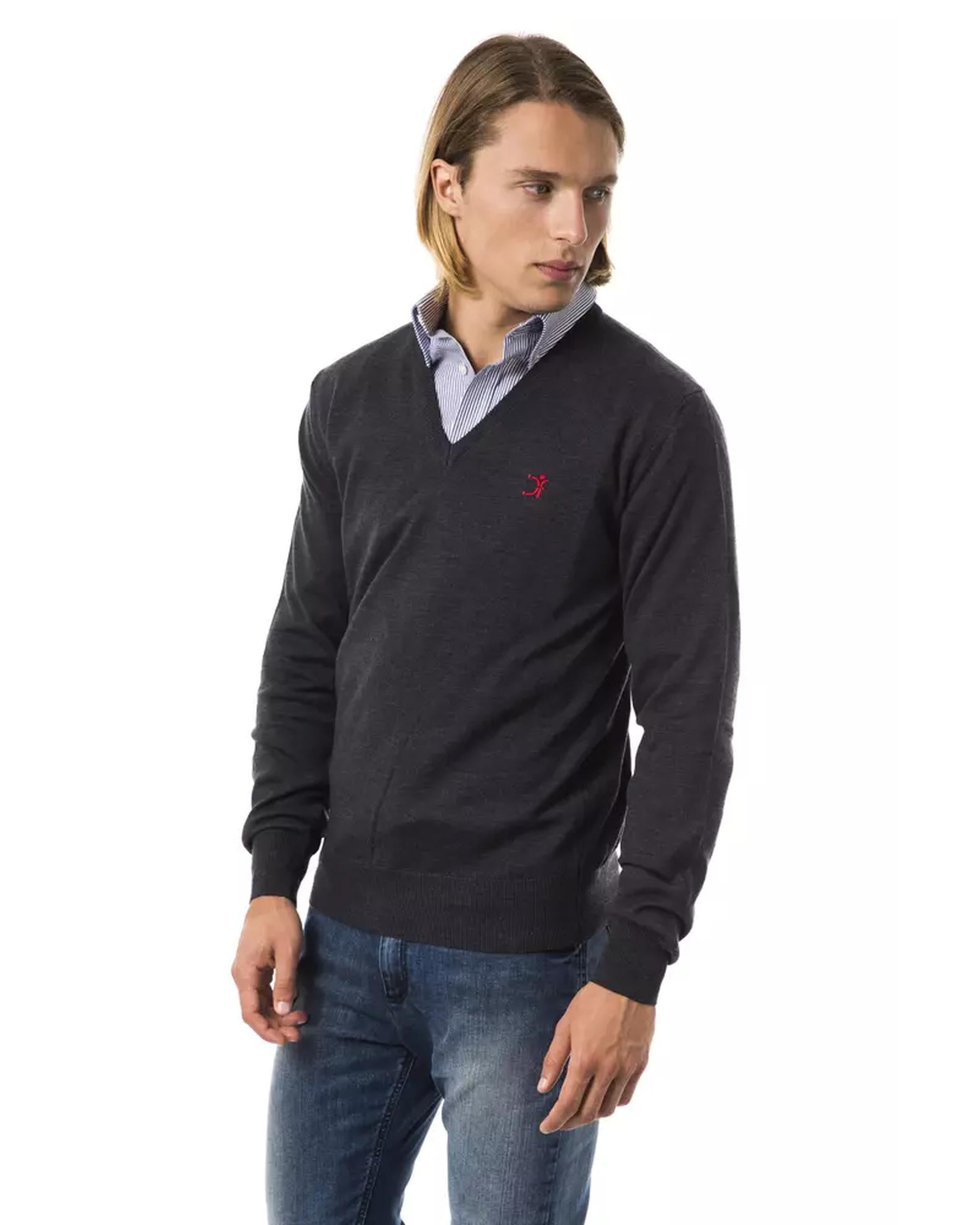 Embroidered V-neck Sweater in Extrafine Wool Merinos Fabric 2XL Men