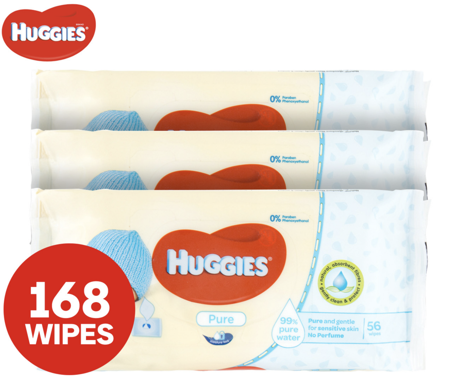 3x Huggies Pk56 Baby Wipes Pure Unscented Sticky Top