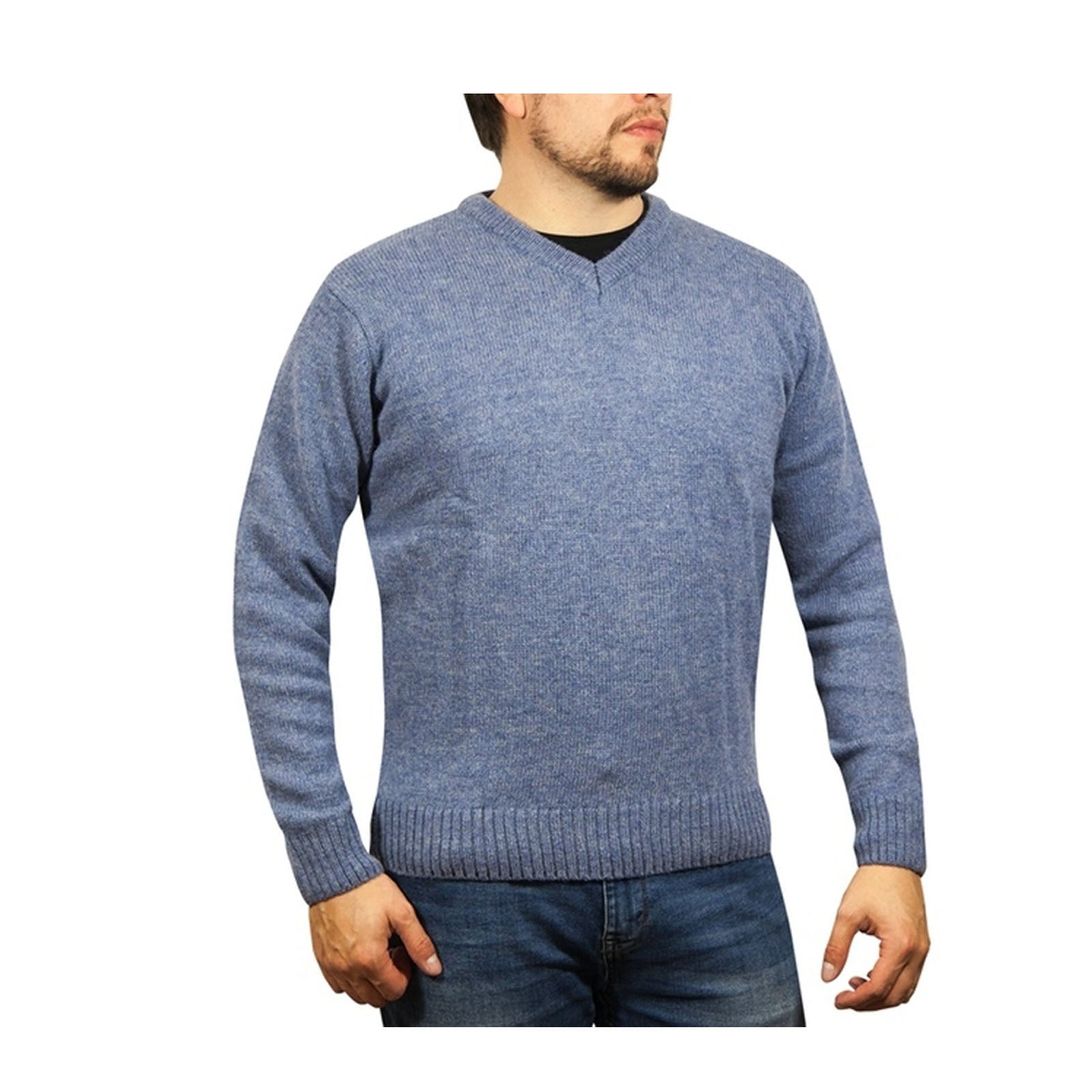 100% Shetland Wool V Neck Knit Jumper Pullover Mens Sweater Knitted - Sky (40) - XL