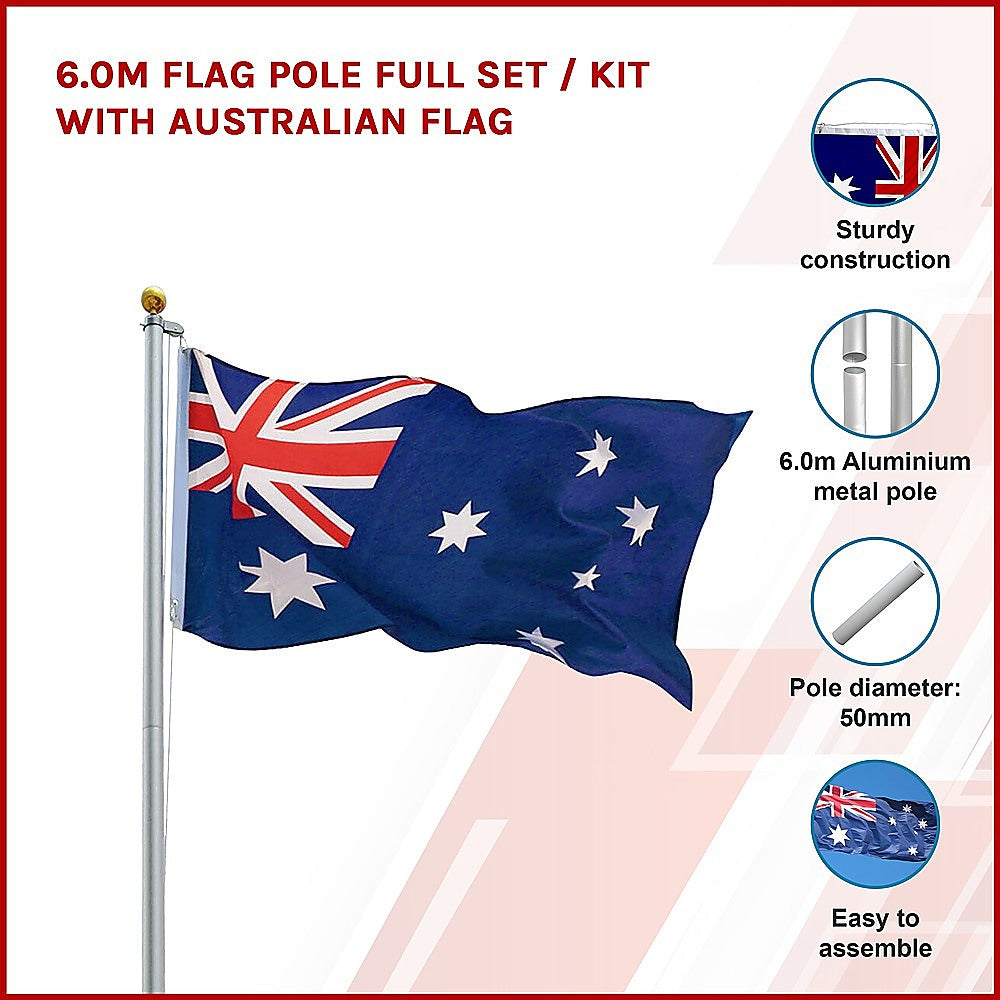 6.0m Flag Pole Full Set / Kit w Australian Flag