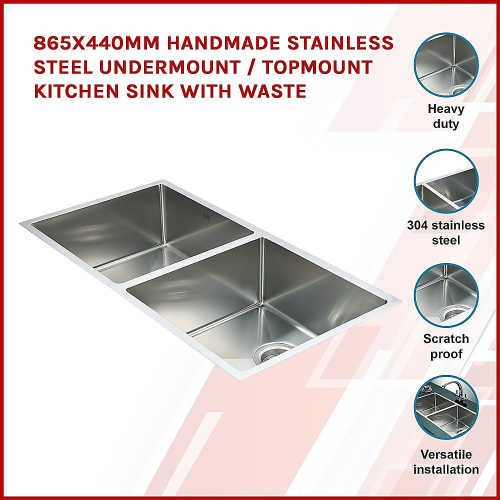 865x440mm Handmade Stainless Steel Undermount / Topmount Kitchen Sink with Waste