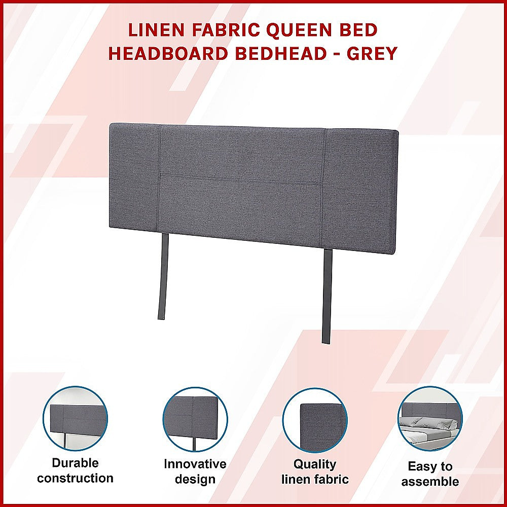 Linen Fabric Queen Bed Headboard Bedhead - Grey