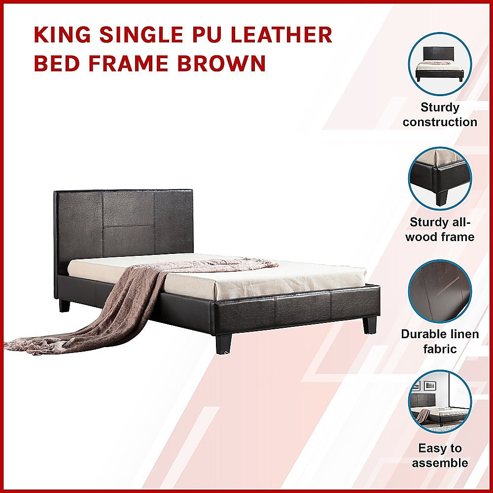 King Single PU Leather Bed Frame Brown