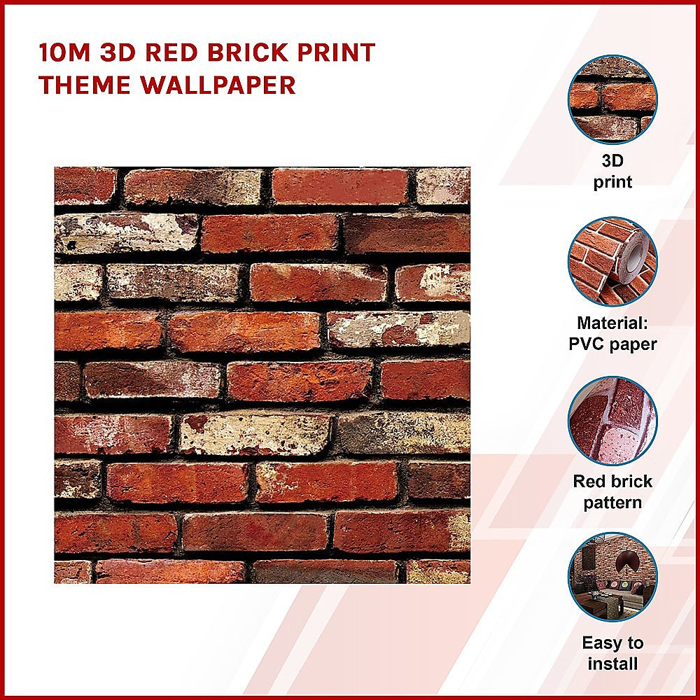 10m 3D Red Brick Print Theme Wallpaper