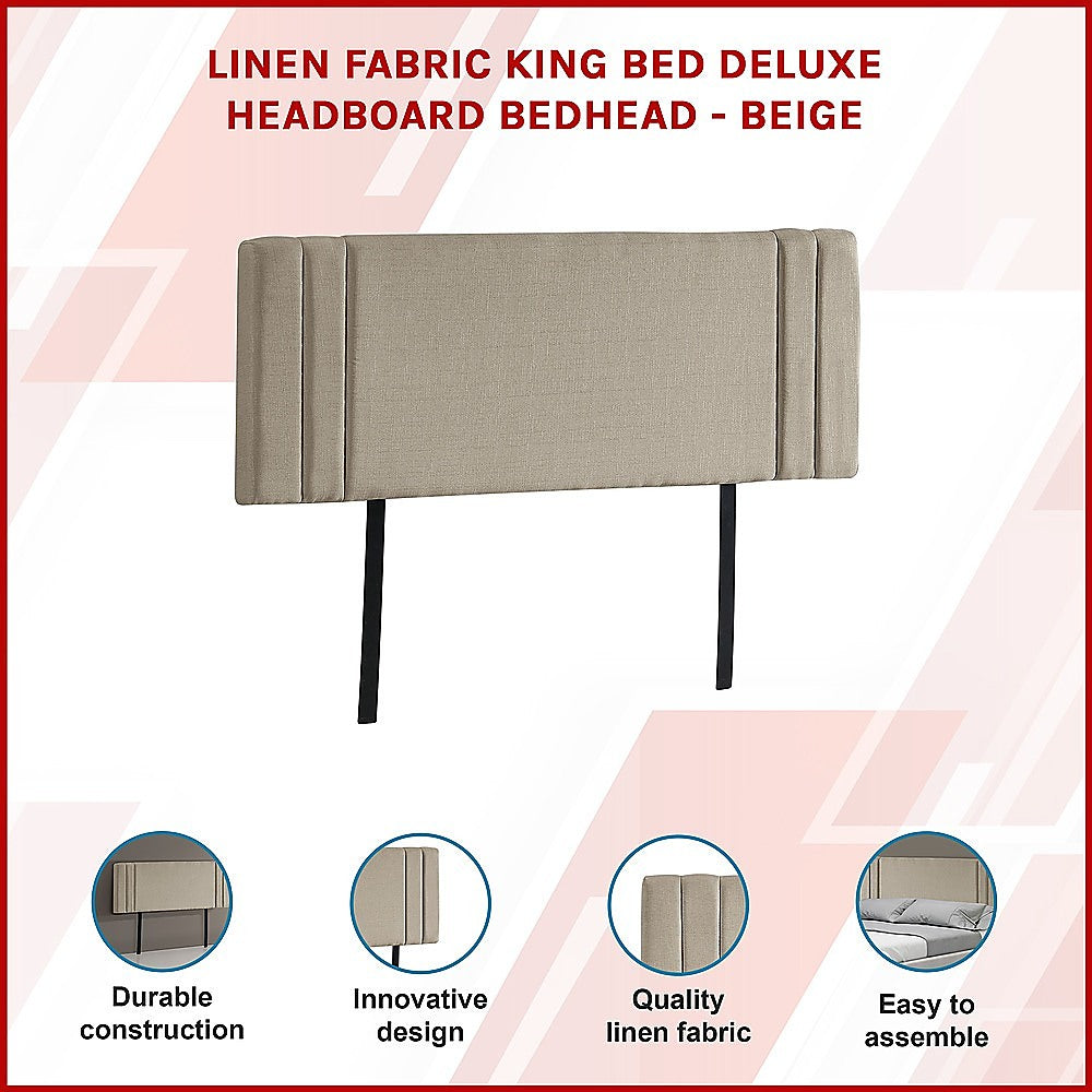 Linen Fabric King Bed Deluxe Headboard Bedhead - Beige