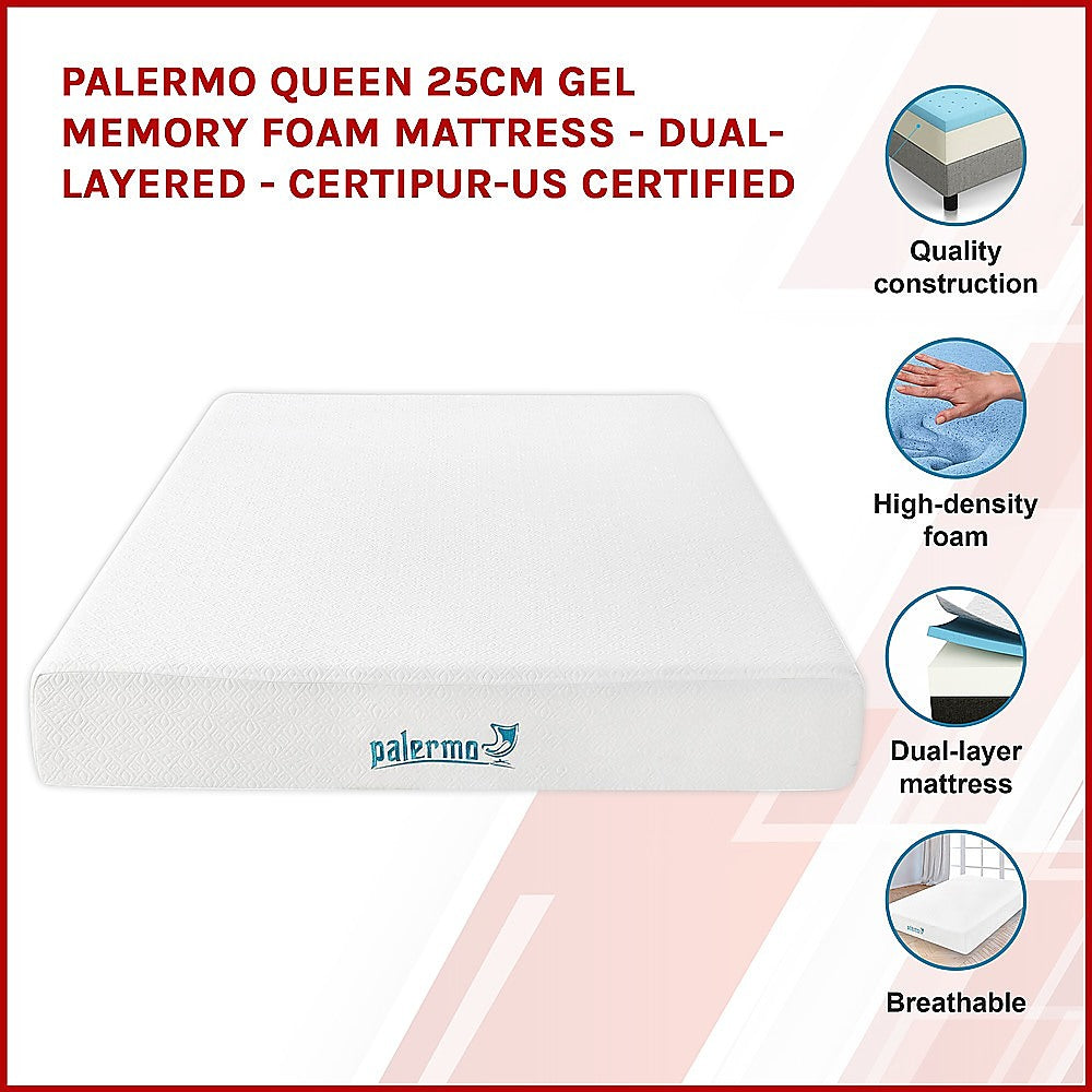 Palermo Queen 25cm Gel Memory Foam Mattress  - Dual-Layered  - CertiPUR-US Certified