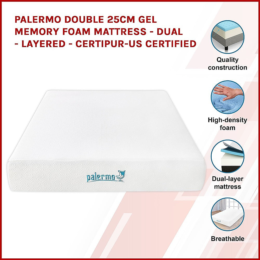 Palermo Double 25cm Gel Memory Foam Mattress  - Dual-Layered  - CertiPUR-US Certified