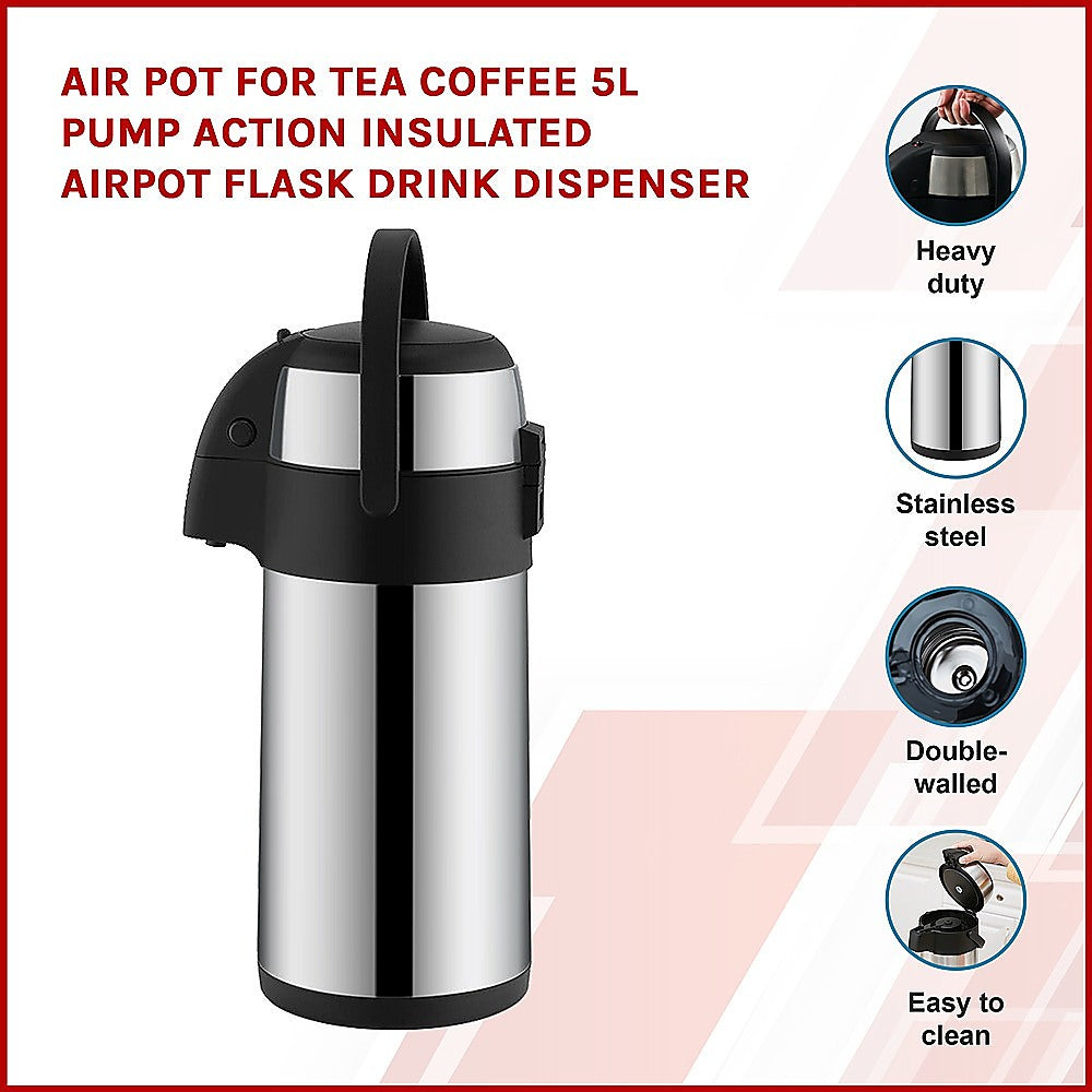 Air Pot for Tea Coffee 5L Pump Action Insulated Airpot Flask Drink Dispenser