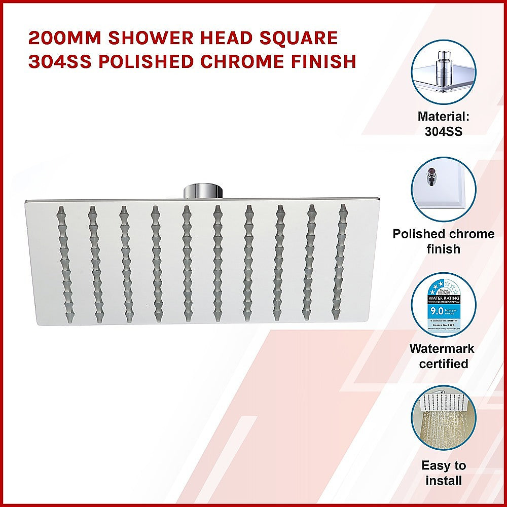 200mm Shower Head Square 304SS Polished Chrome Finish