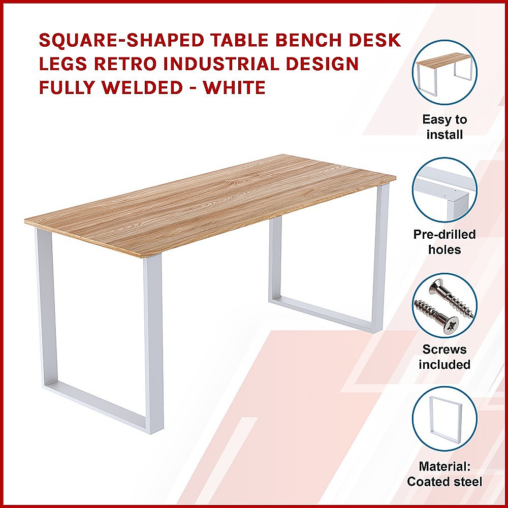 Square-Shaped Table Bench Desk Legs Retro Industrial Design Fully Welded - White