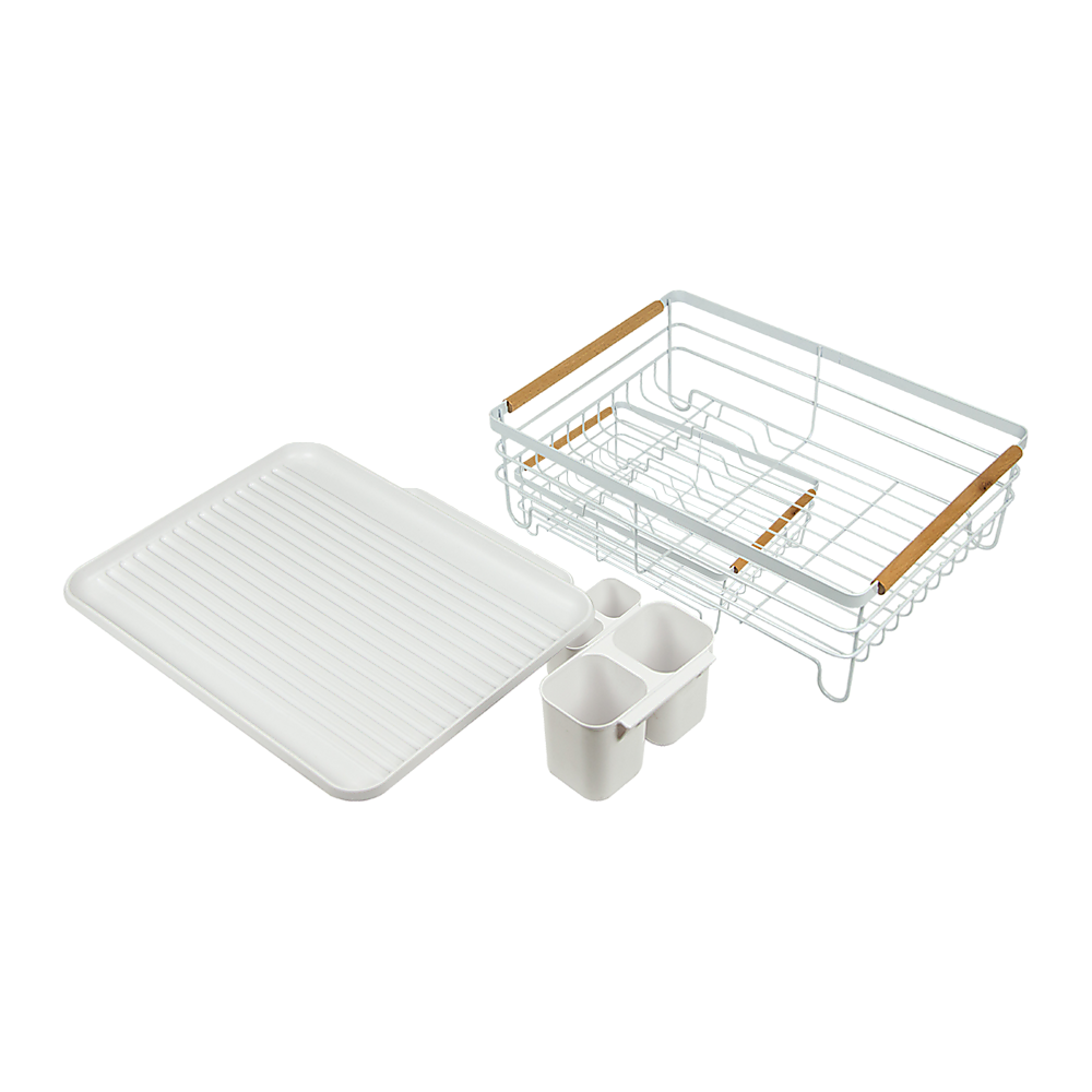 Metal Dish Drying Rack Drainboard Holder Tray Kitchen Plates Cutlery Wood Handle