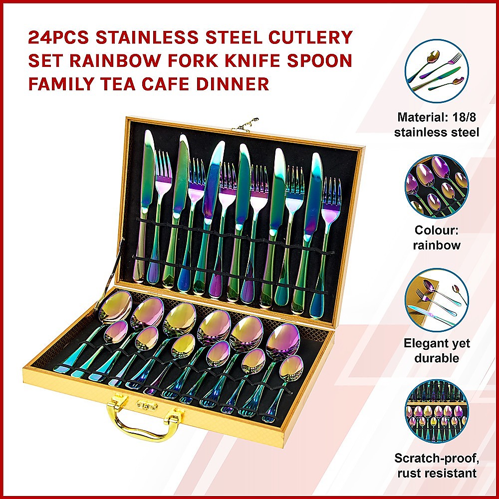 24pcs Stainless Steel Cutlery Set Rainbow Fork Knife Spoon Family Tea Cafe Dinner